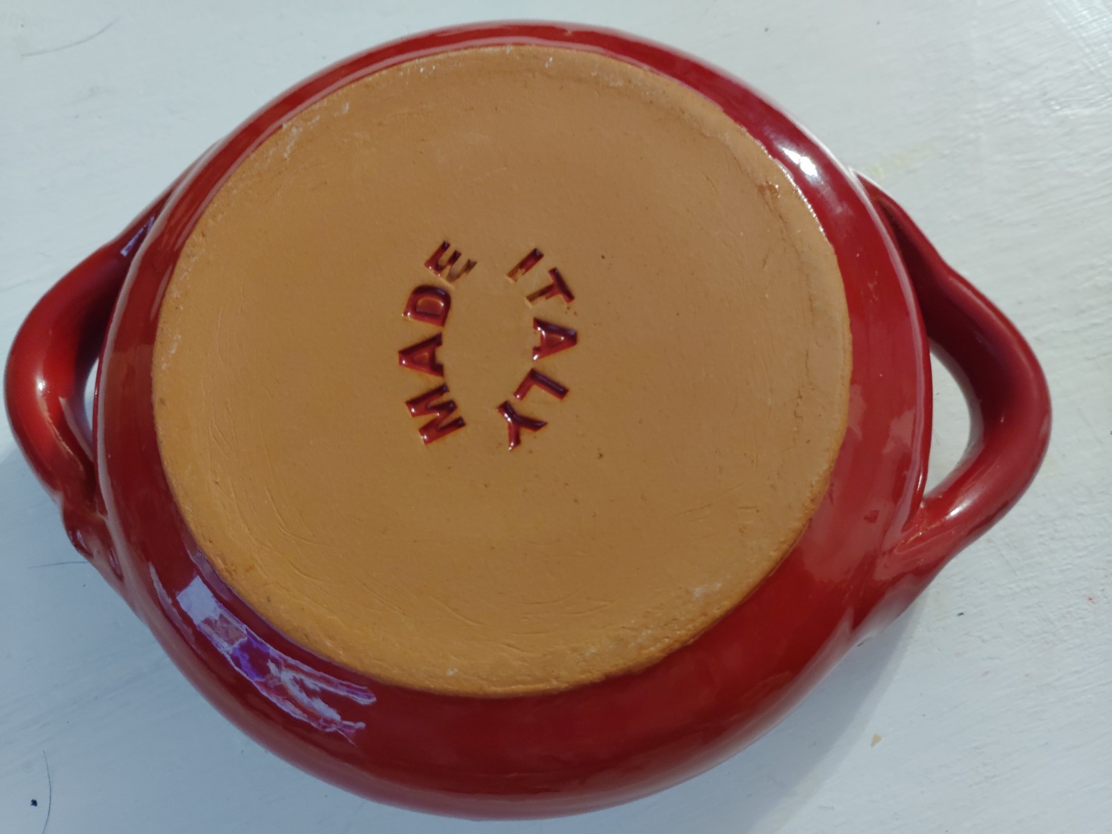 Vintage Italian Ceramic Soup Bowl w/ Handles Red Black Glaze Made in Italy 6”