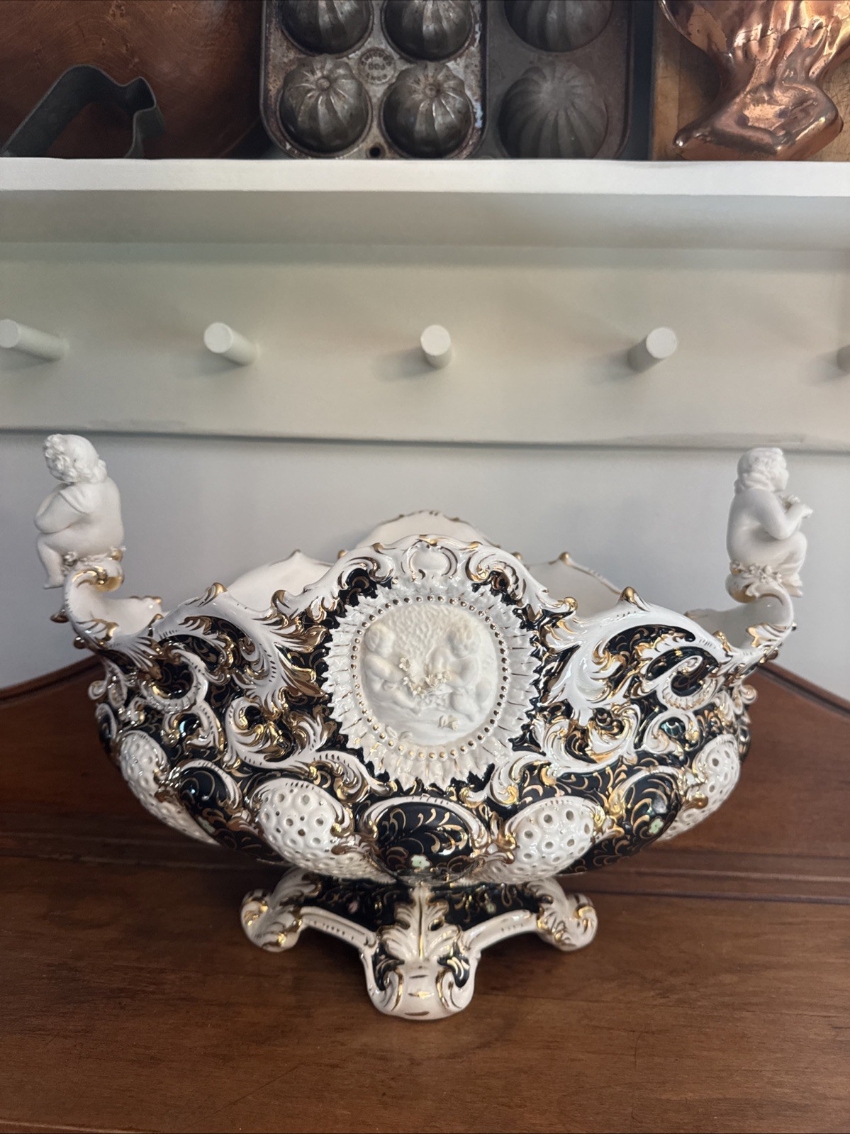 Vintage Mid Century Italian Capodimonte Cherub Porcelian Fruit Bowl Centerpiece