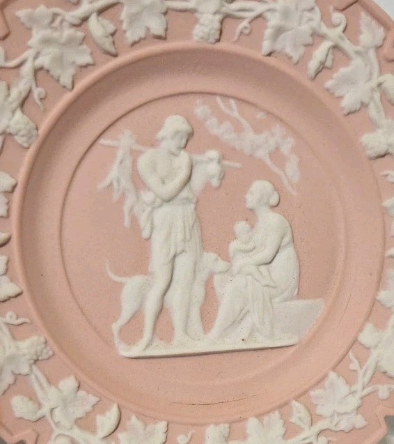 7″ Jasperware Pink & White Plate Ivory Neo~Classical Relief Notched Rim Vintage