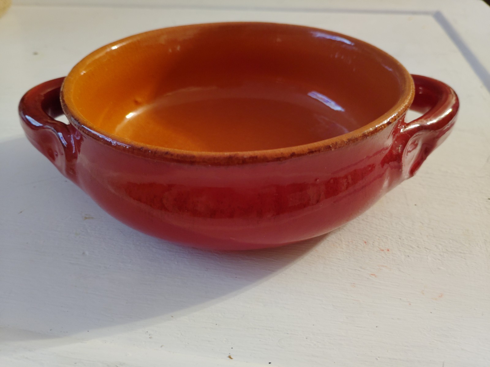 Vintage Italian Ceramic Soup Bowl w/ Handles Red Black Glaze Made in Italy 6”