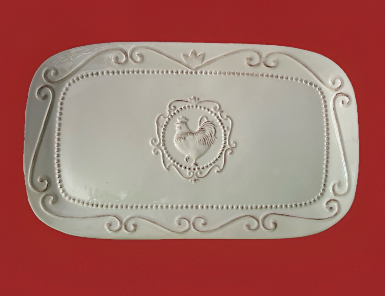 Vintage ANTIQUE ROOSTER By Jay Rooster Pattern Embossed Cream Platter Tray