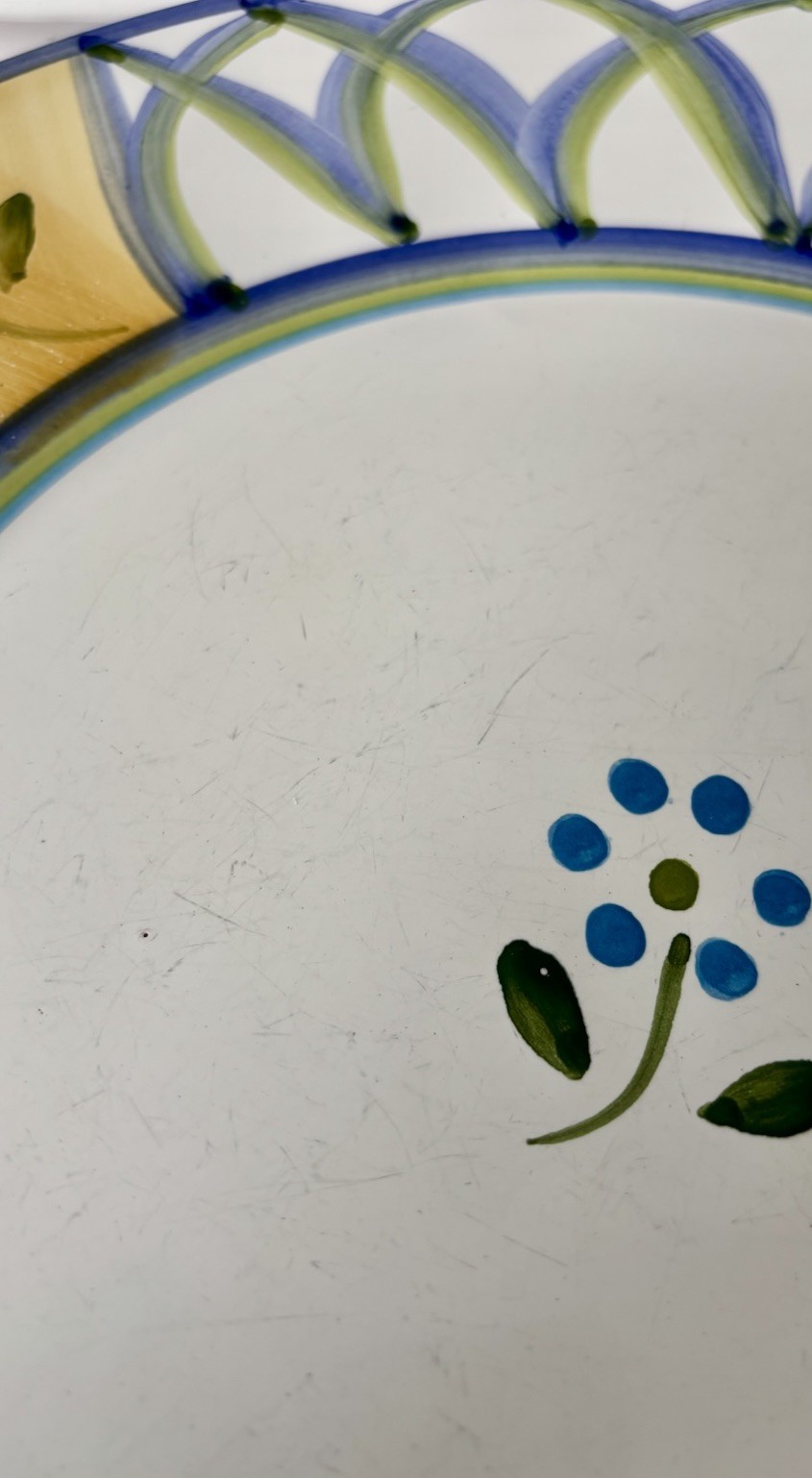 Lot of 4 Caleca Italy Trellis Rim Dinner Plates Hand Painted Green Blue 11”