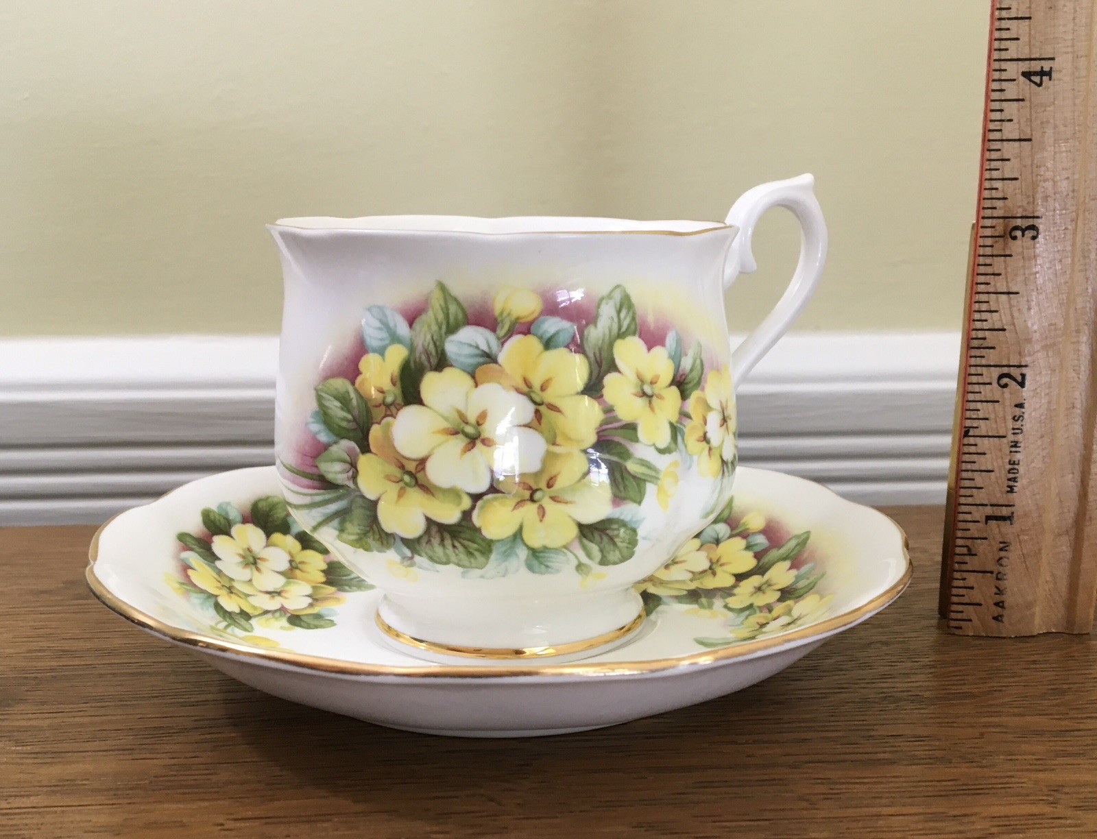 Royal Albert Teacup Saucer Set Bone China Yellow Primrose England Vintage 1960s