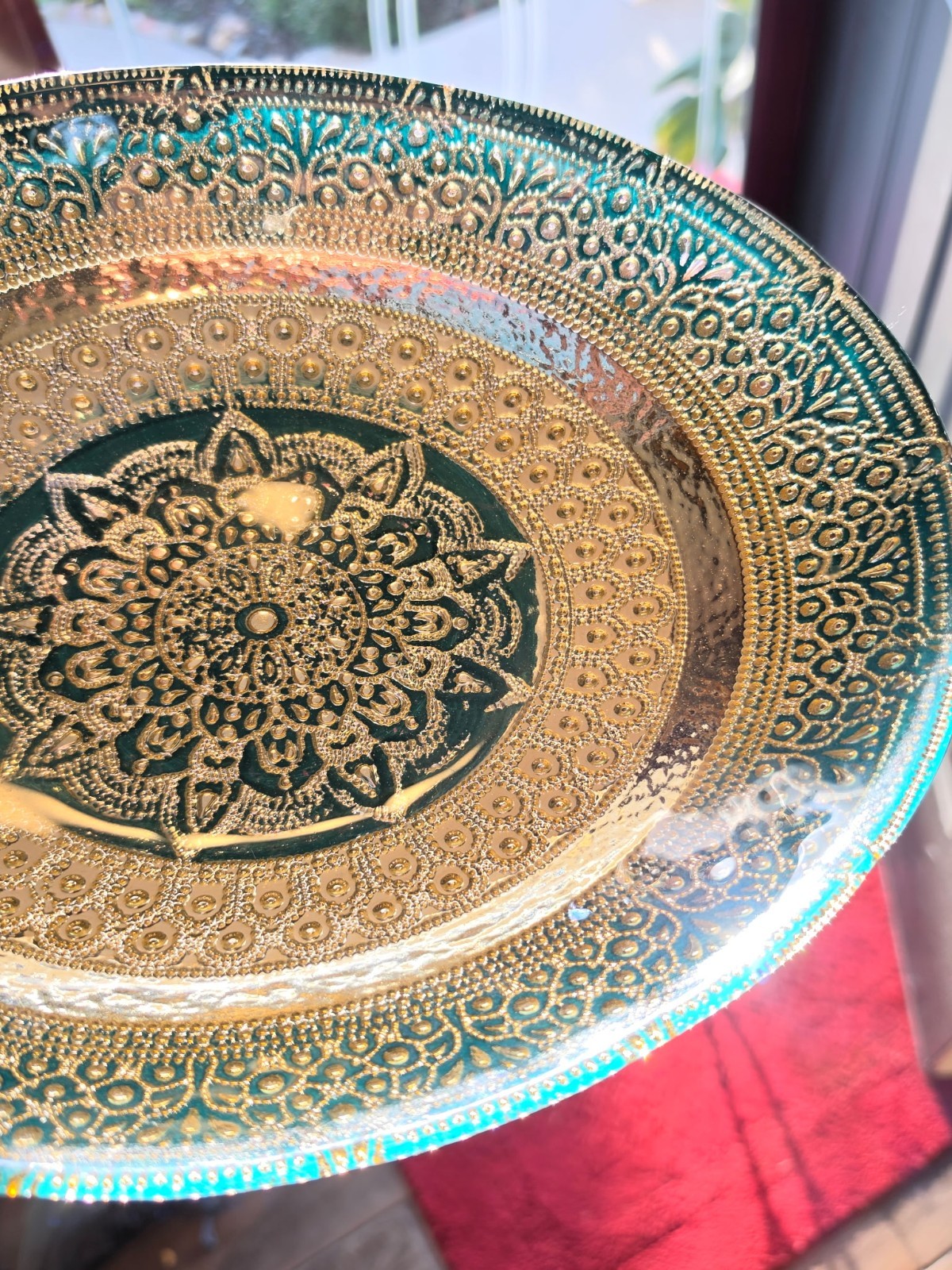 Turkish Glass Round Oval Serving Gold Green 11.5″ X 9″ X 2.5″ Beautifully Made