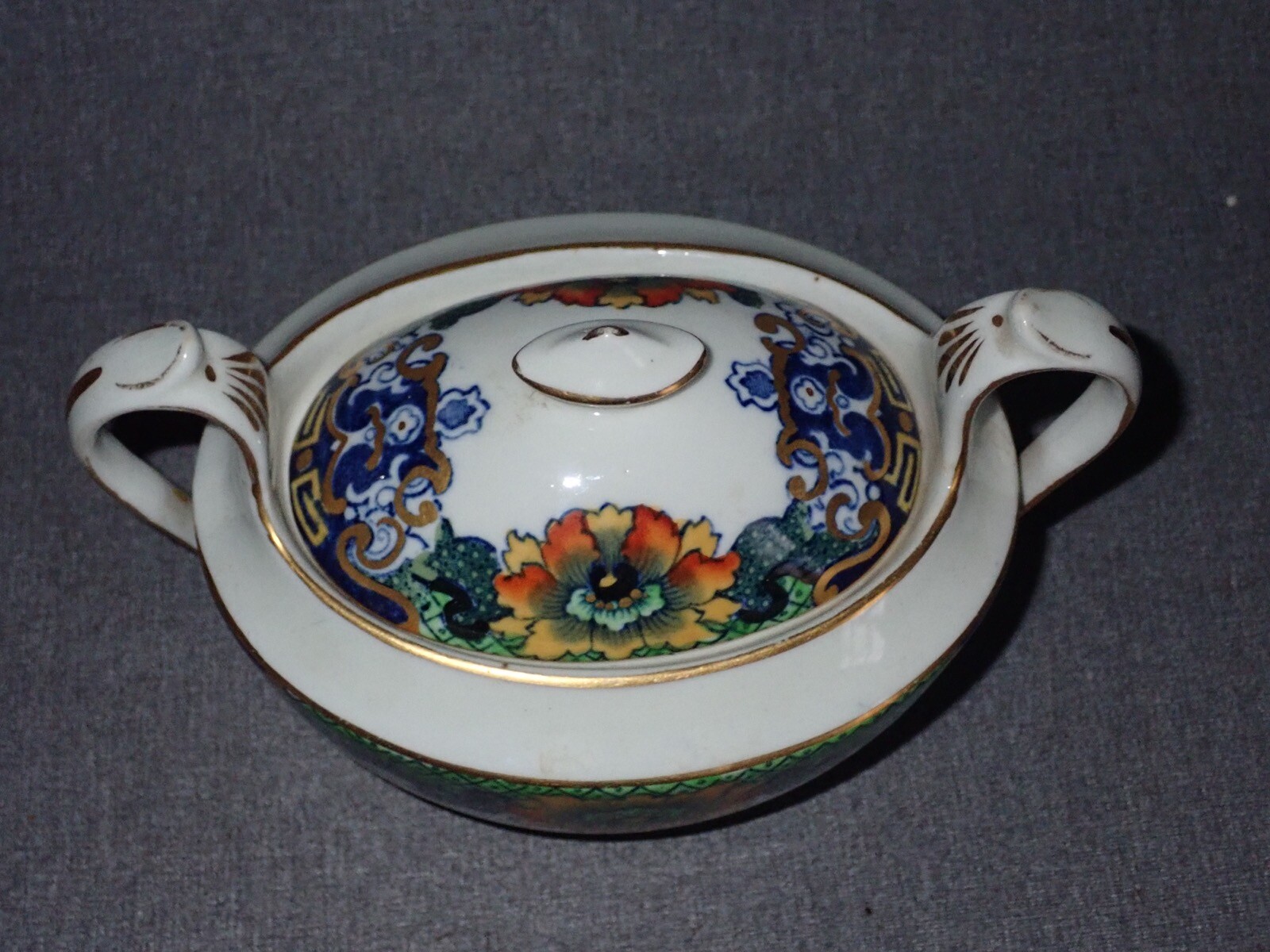Coronet English Bone China Sugar Bowl Asian Floral & Scrolls Pattern Gold Accent