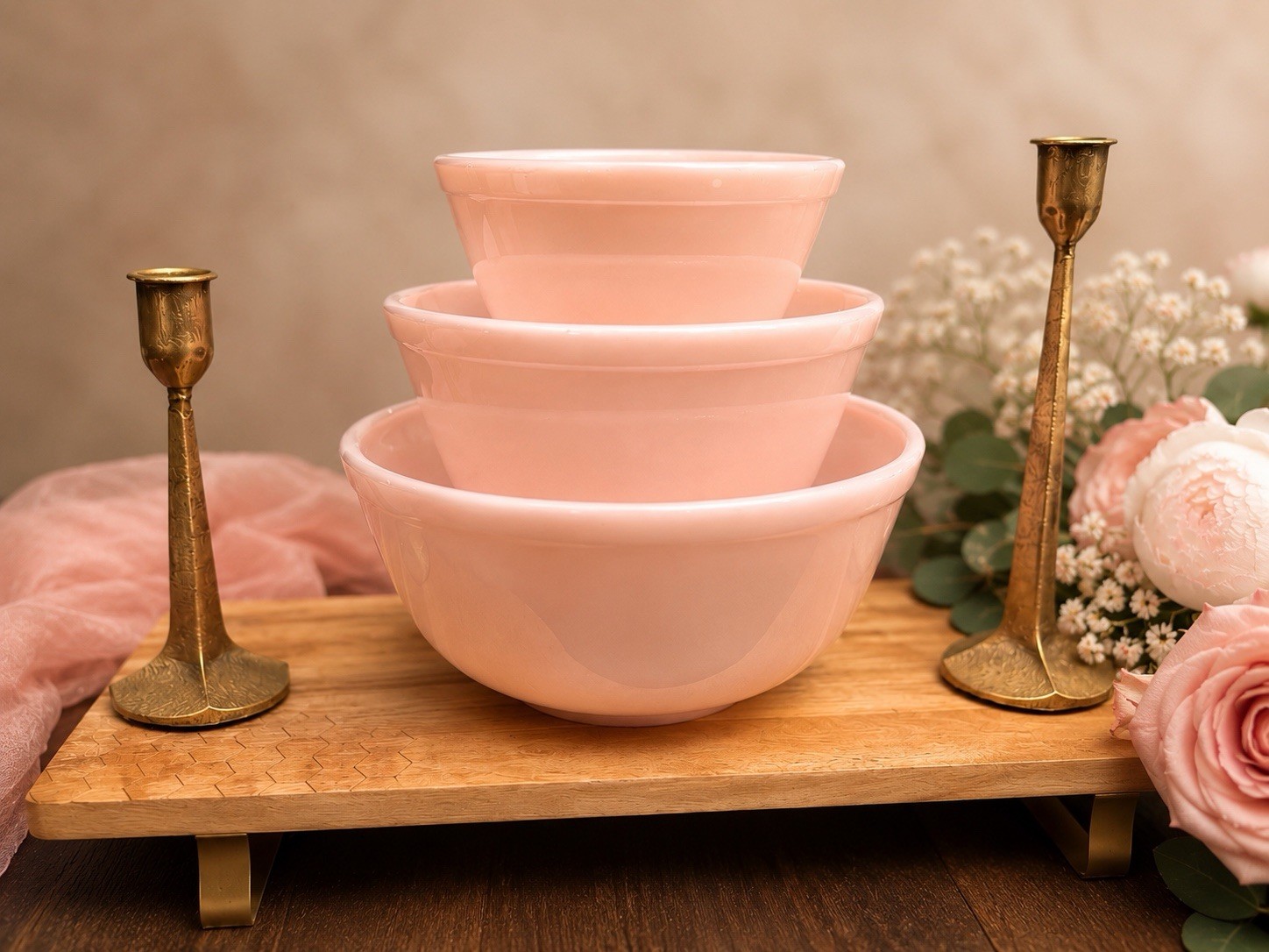 Mosser Glass USA Set of 3 Mixing Bowls Crown Tuscan Pink New