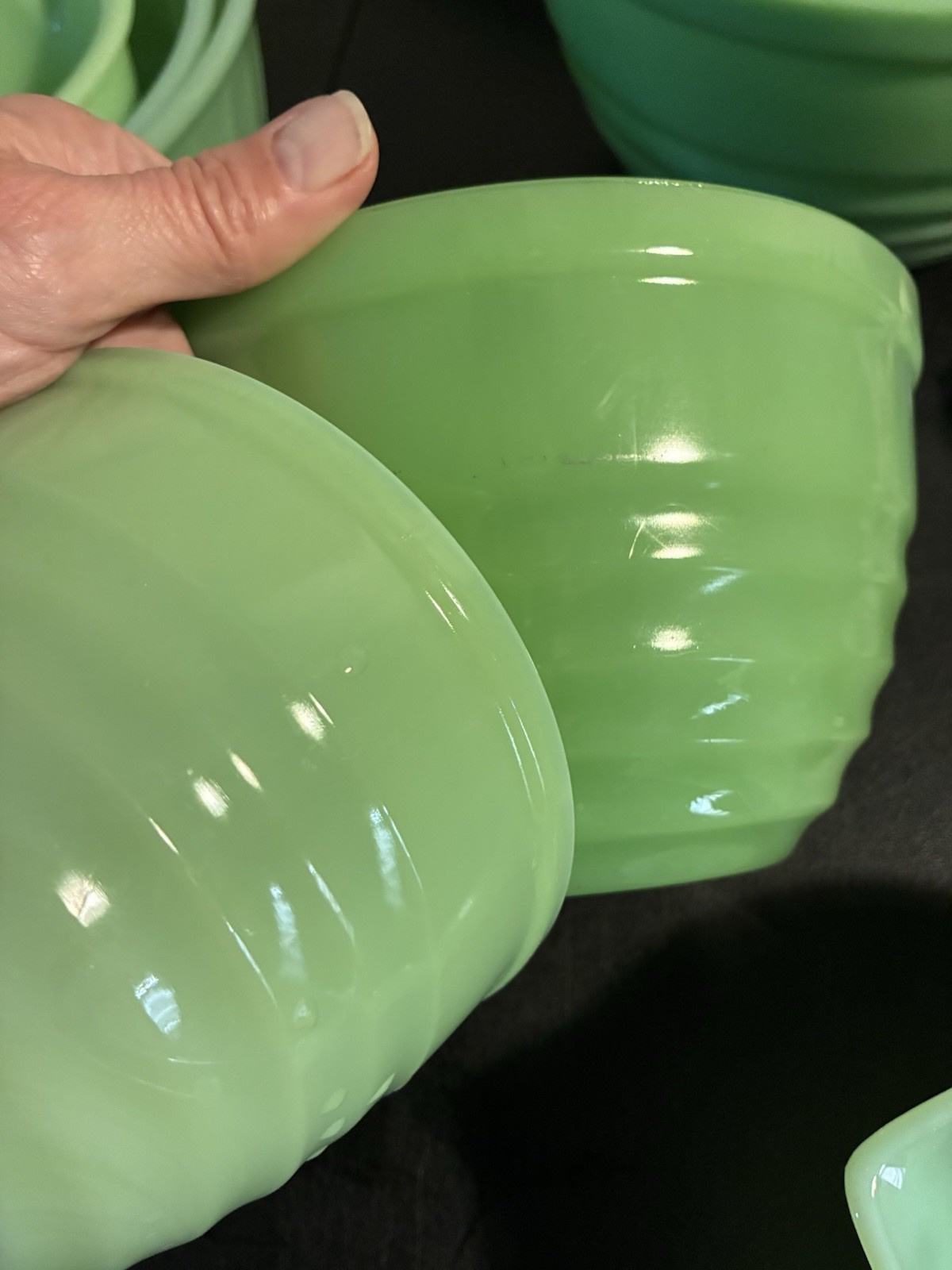 Jeannette Glass Concentric Circle Mixing Bowl Set Jadeite Green 5 7 & 9” Uranium