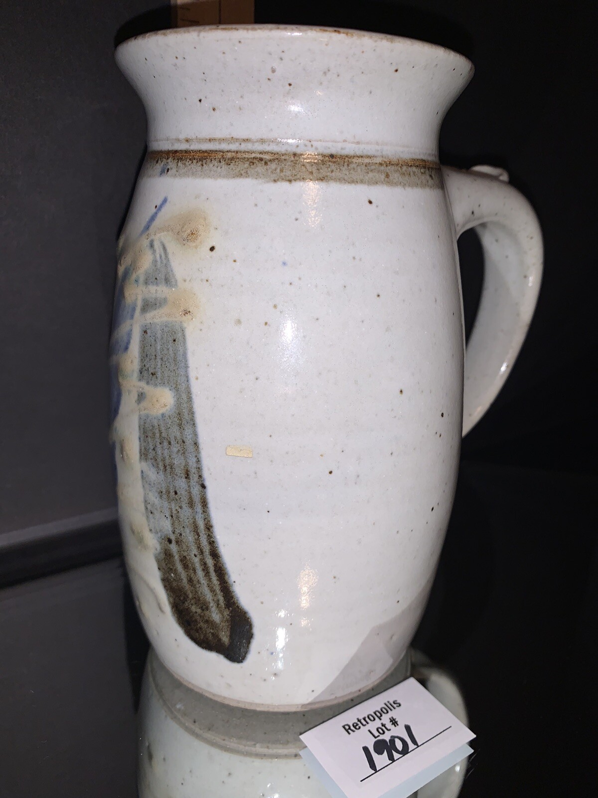 Hand Thrown Glazed Pottery Pitcher Artist Signed Feather Pattern Vintage