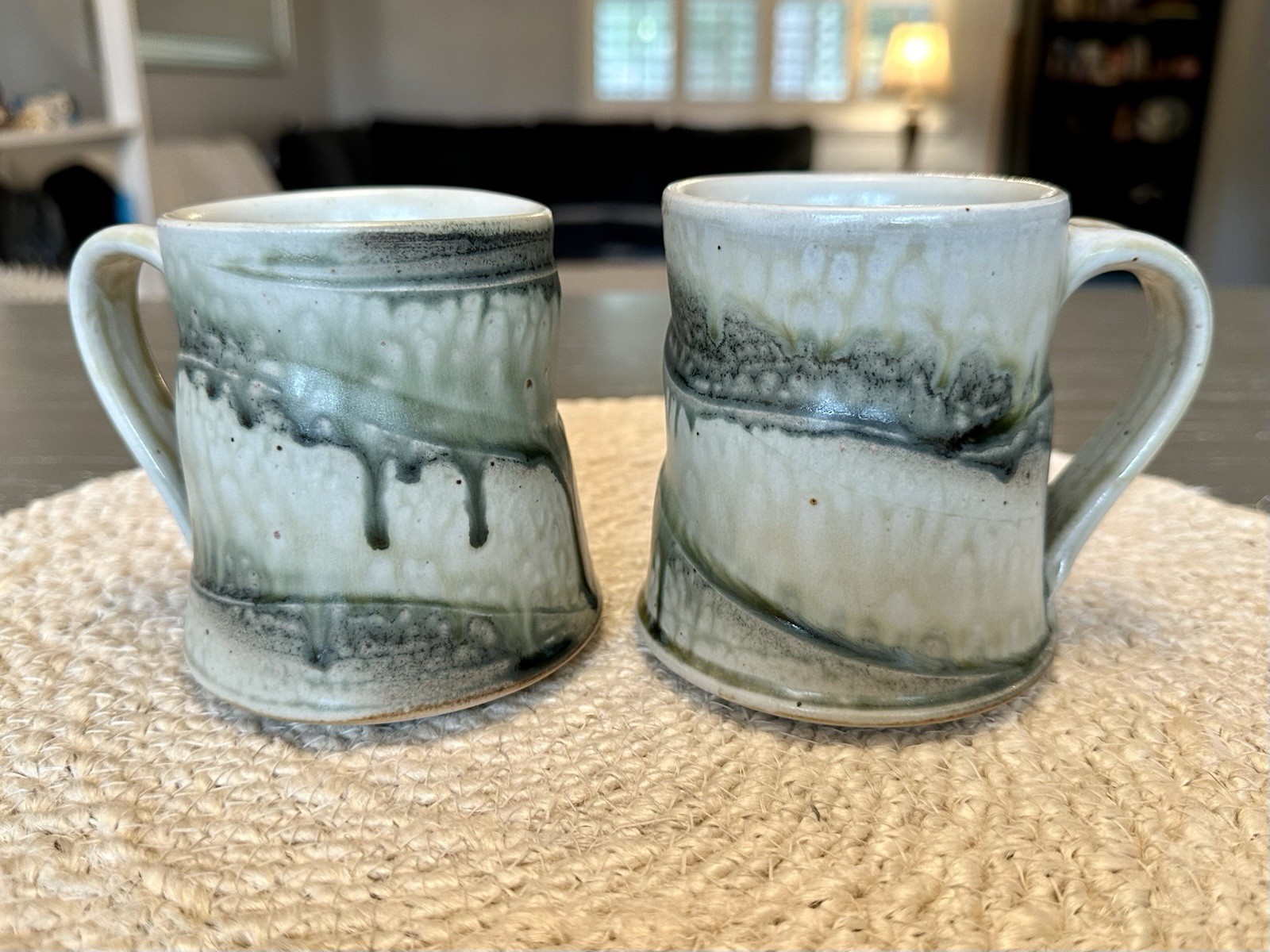 Studio Art Pottery Mugs Set Of Two Earthy Green Drip Glaze Signed Charlie Tefft