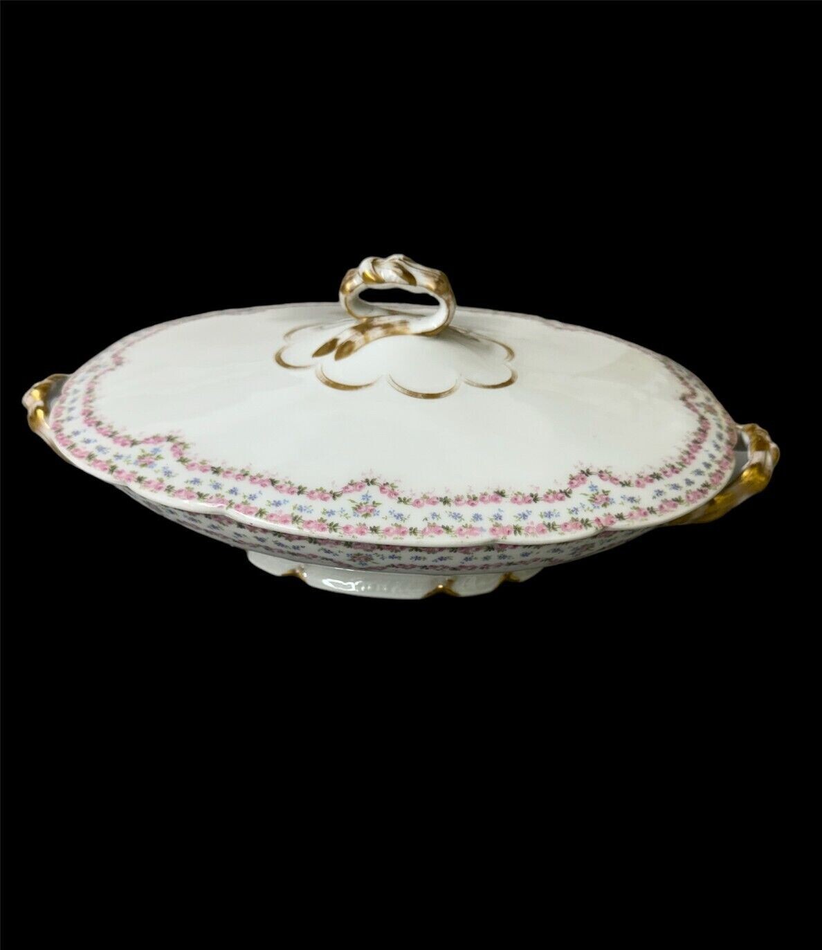 Limoges Hand Painted Tureen Early 1900s French J Pouyat Pink & Gold