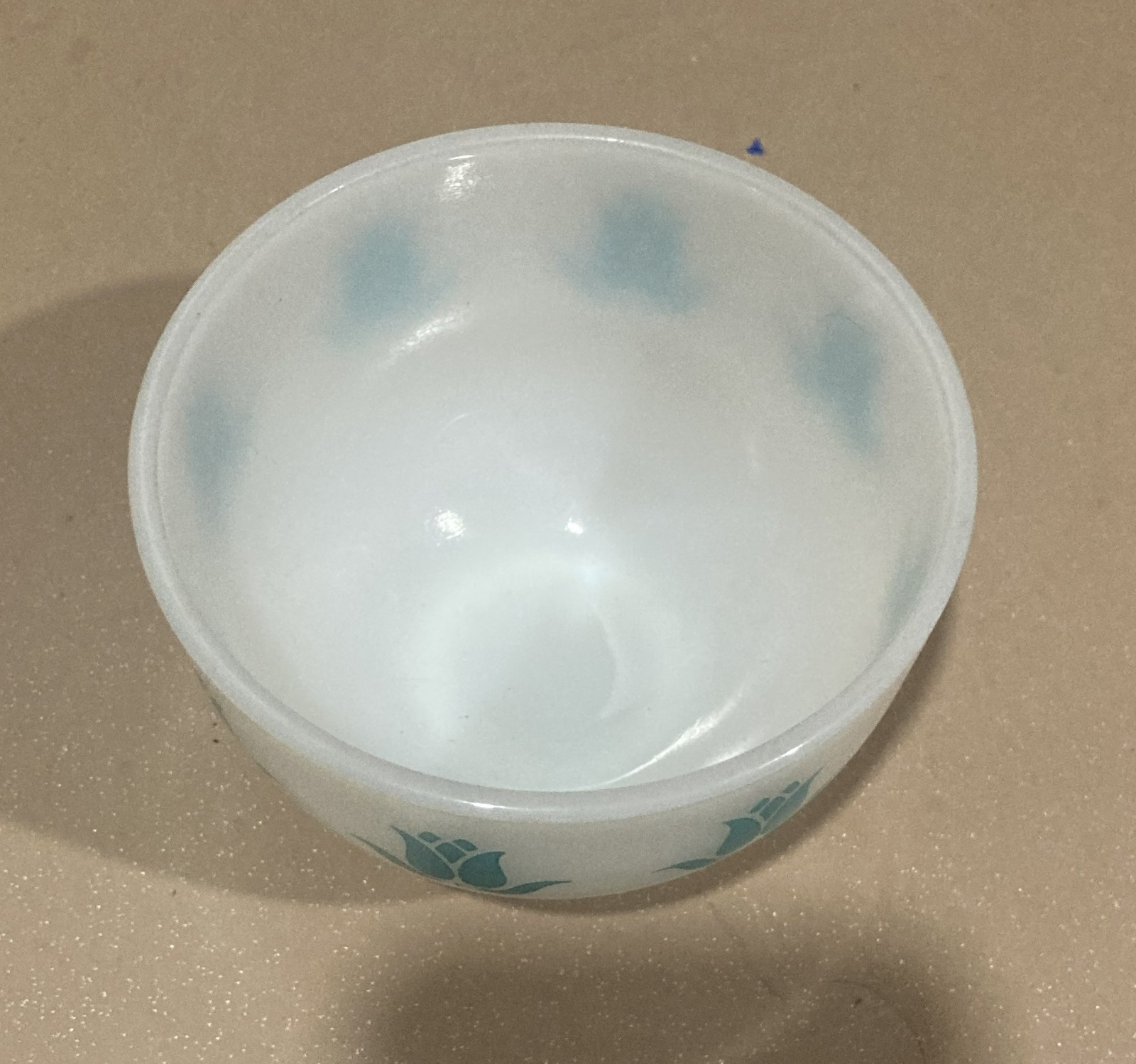 Vintage Anchor Hocking Fire King Ftd Cottage Cheese Bowl Aqua Blue TULIPS 3″ T