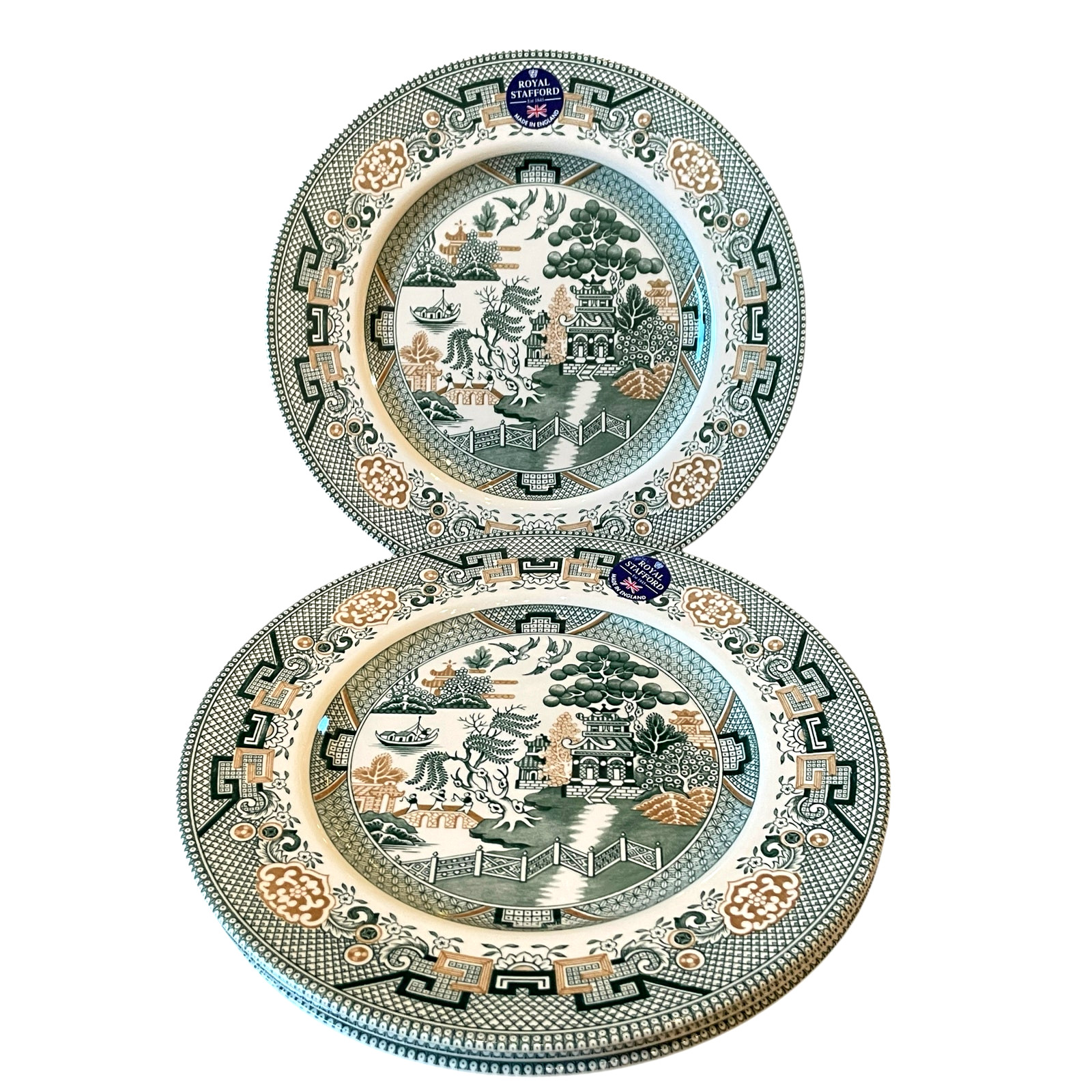 Royal Stafford Dinner Plates 11in Green & Gold Willow Pagoda Set of 4 New