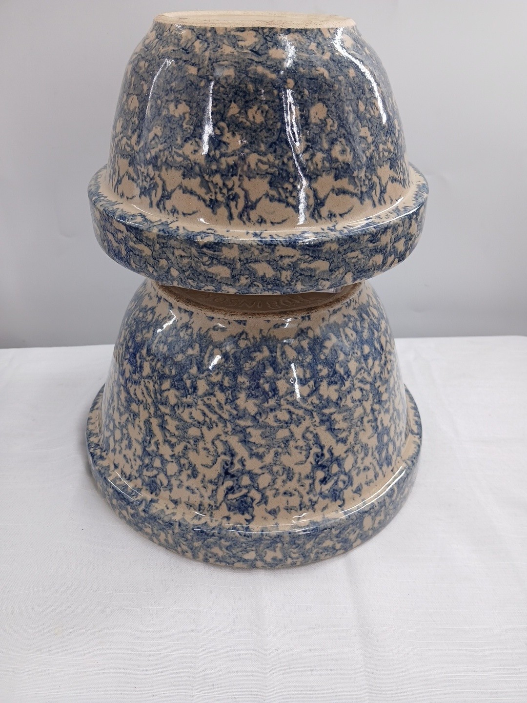 Vintage Robinson Ransbottom Pottery Blue Spongeware Nesting Mixing Bowl Set 2