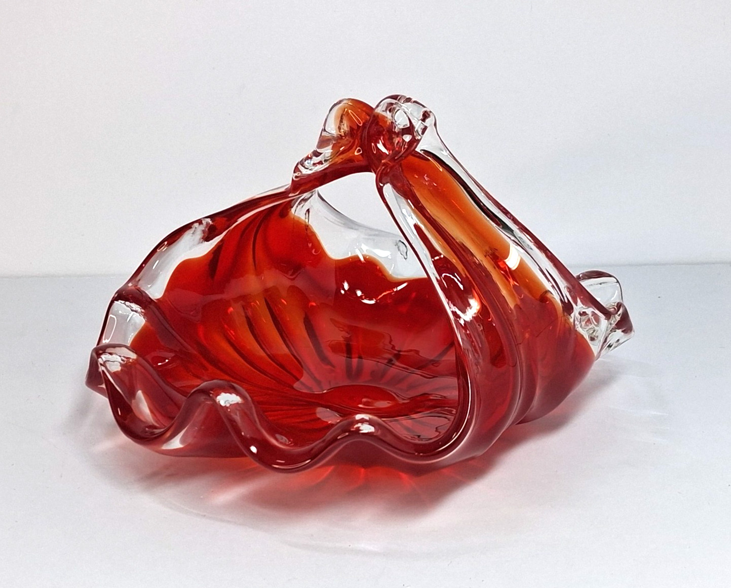 Vintage MCM Art Glass Free Form Handled Bon Bon Dish Red Persimmon Crystal Clear