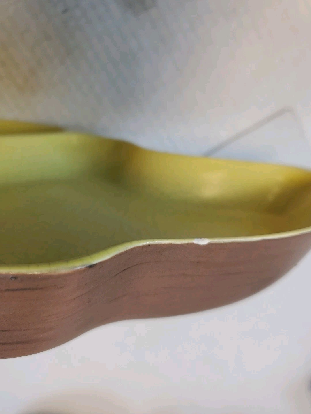 Vintage Ceramic Pottery Oblong Leaf Shaped Yellow Brown Serving Handmade Dish