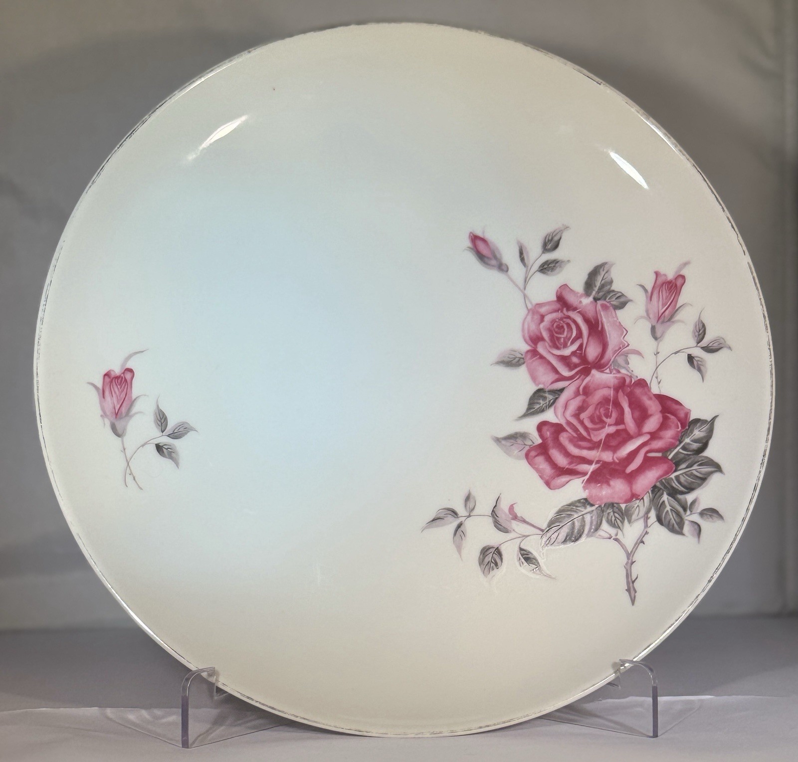 Pearl Fine China Japan Pink Rose Dinner Plates Set of 4 10.25in Silver Trim