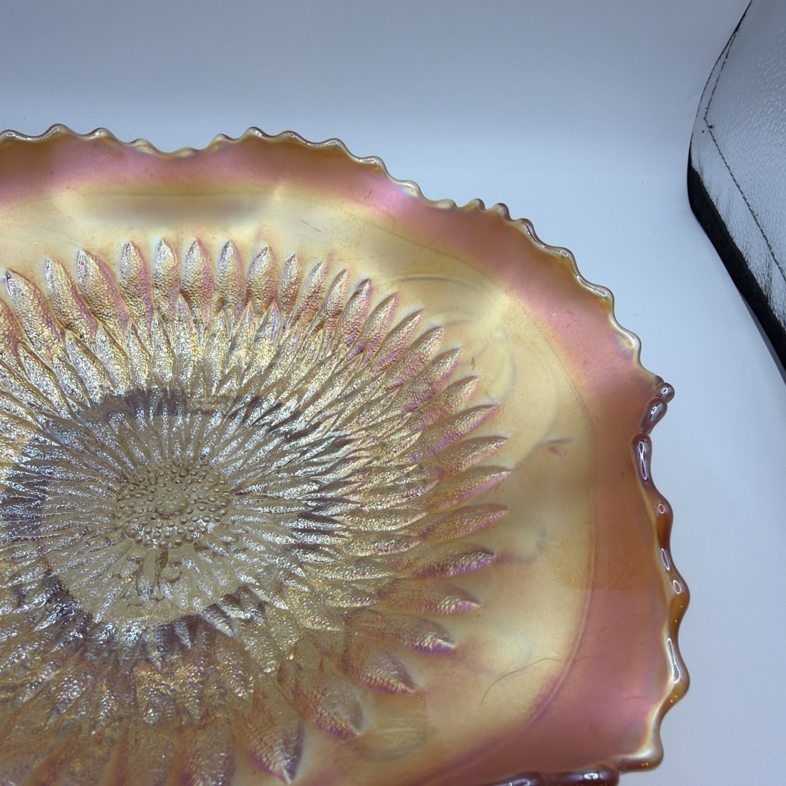 Northwood Pumpkin Marigold Sunflower Spatula Ftd Carnival Glass Bowl 9”