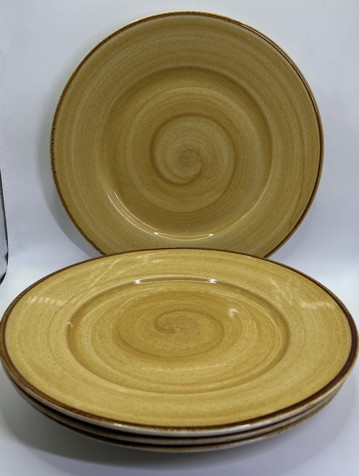 Thomson Pottery 10 3/8 Inch Diameter Yellow/Brown Swirl Dinner Plates – Set Of 4