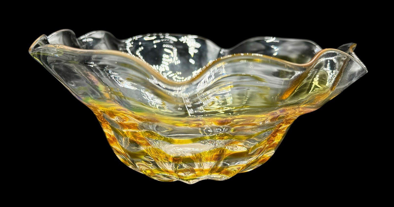 Signed Hilltop Studio Art Glass Ruffle Bowl Centerpiece Amber Clear Handblown