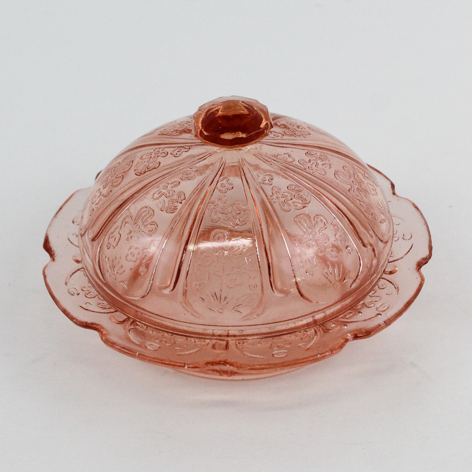 Vintage Jeannette Glass Covered Butter Dish Cherry Blossom Pink