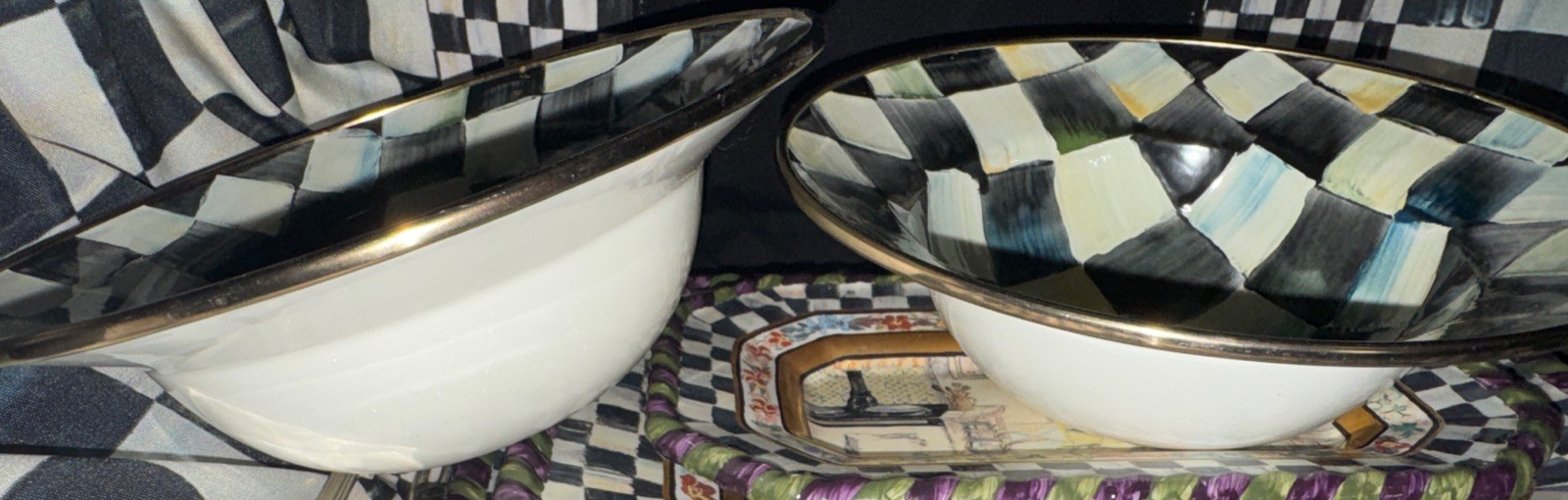 (2) Camp Mackenzie Childs 8” Breakfast Bowls, Courtly Check Enamel