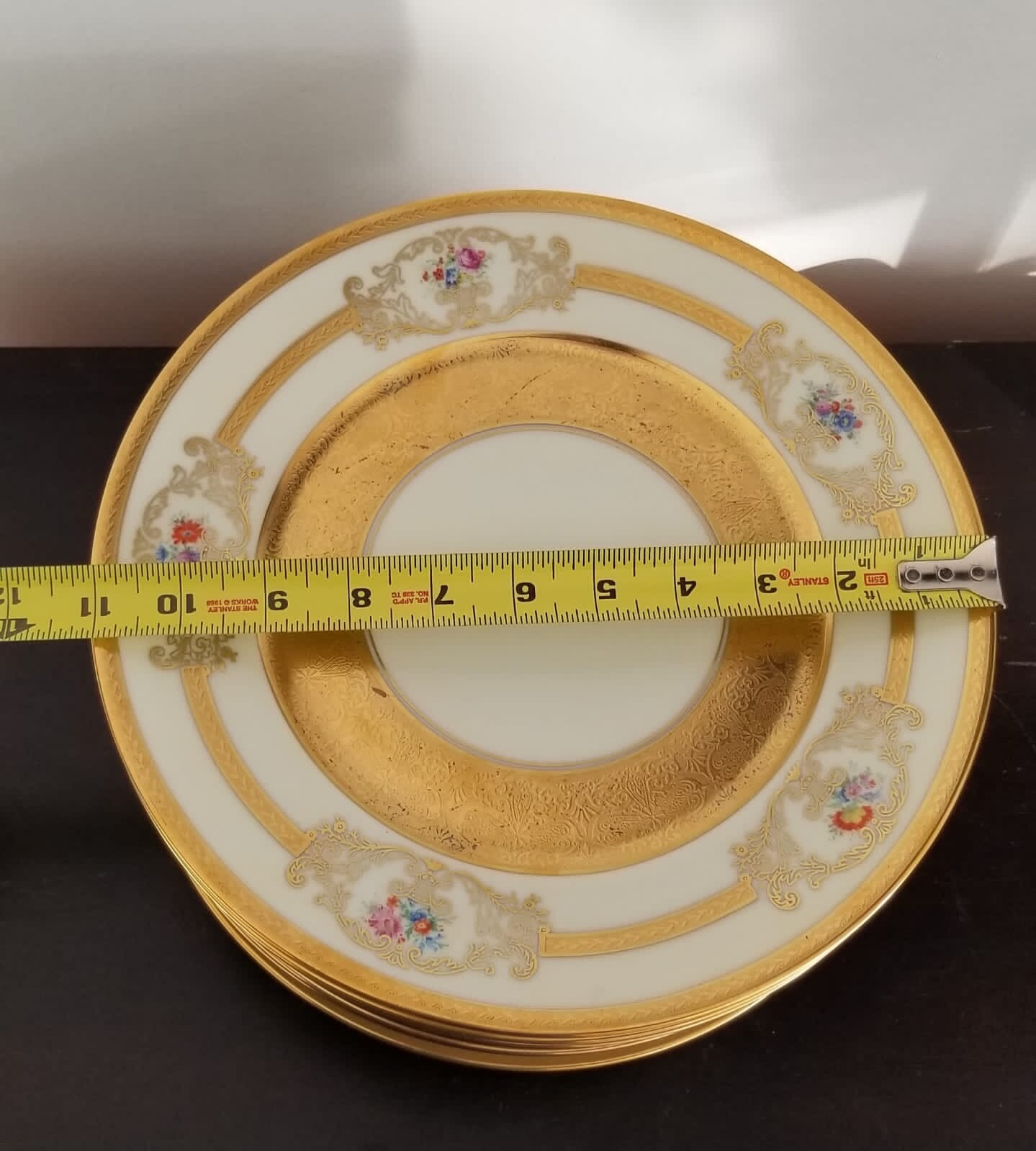 Set Of 12 Bohemian Gilt Porcelain Czeck Dinner Plates e/ Floral Design D 11”
