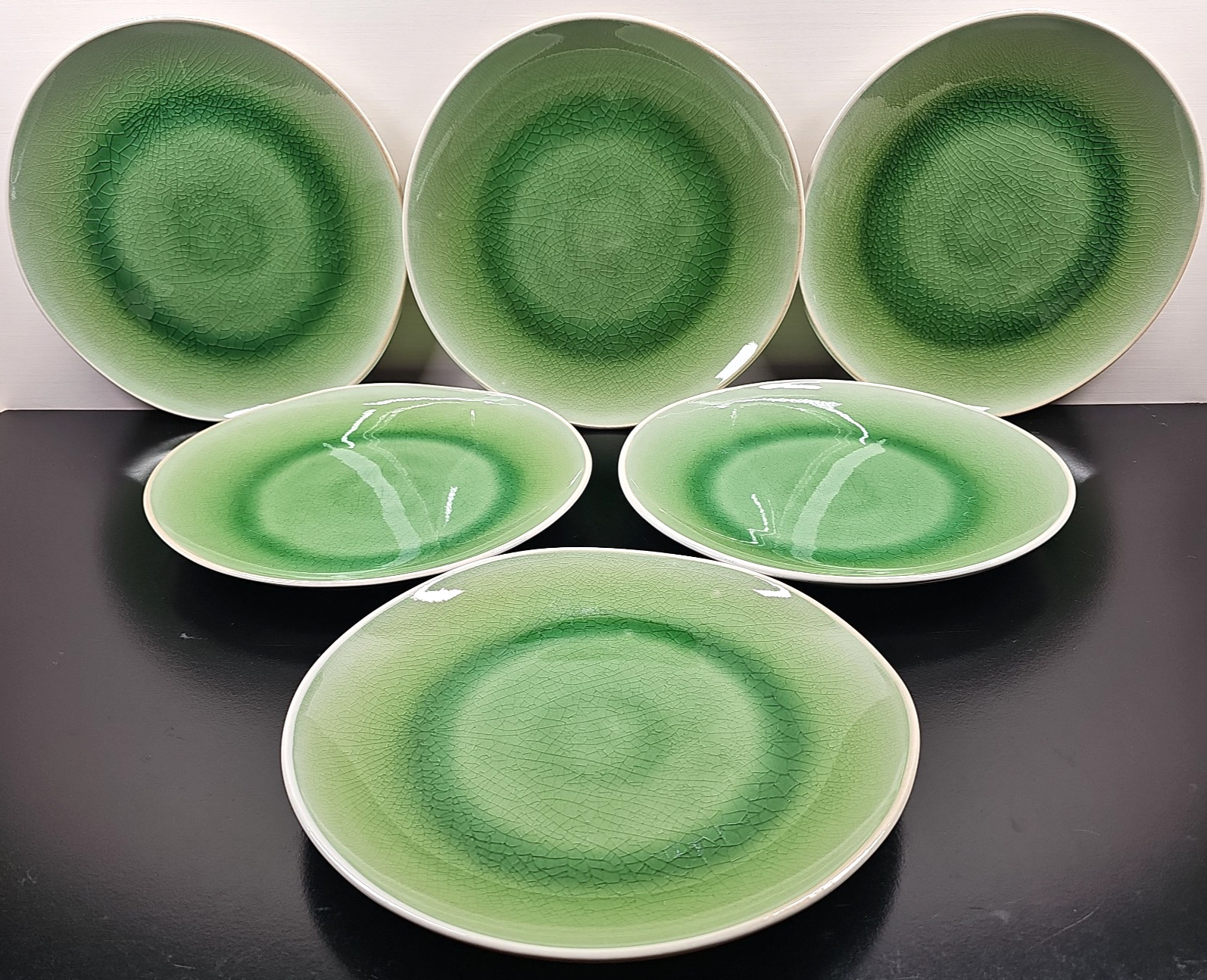 6 Roscher Crackle Glass Green Dinner Plates Set Elegant Stoneware Table Dish Lot