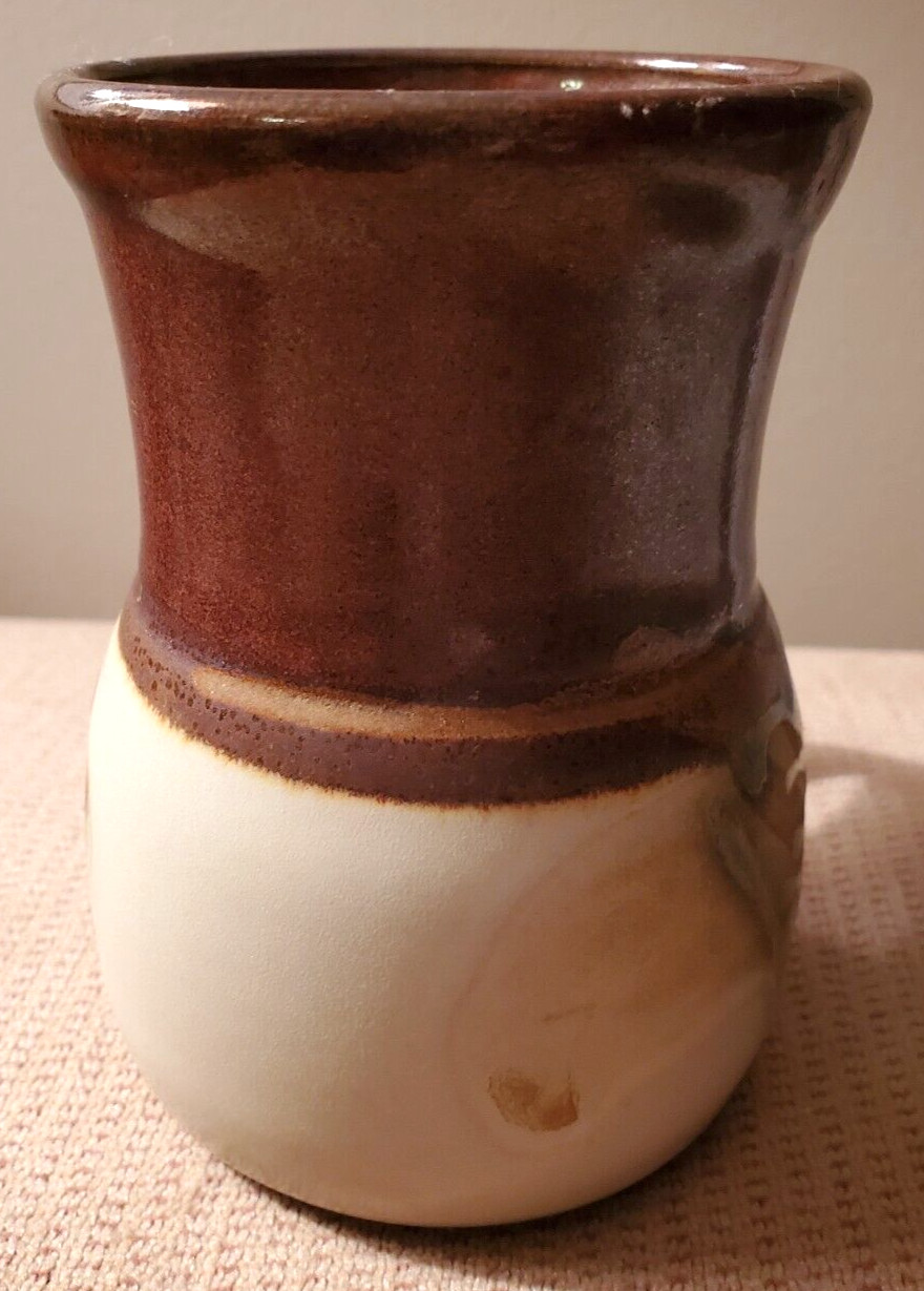 Art Pottery Mug Brown Tan Blue Gray Signed Ron Hulu or Lulu Possibly Studio Art
