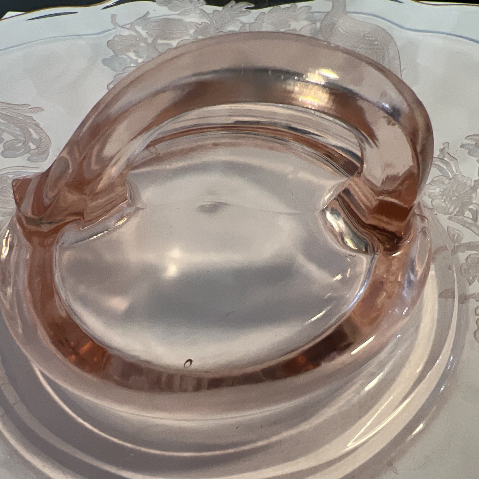 Paden City Peacock & Wild Rose Pink Glass #300 Center Handle Tray 10 3/8″