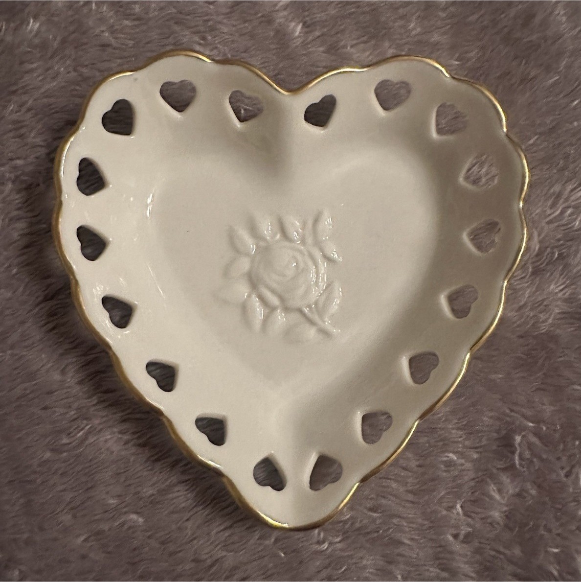 Vintage Lenox Heart-Shaped Porcelain Dish, Pierced Hearts, Gold Trim 5in 2oz