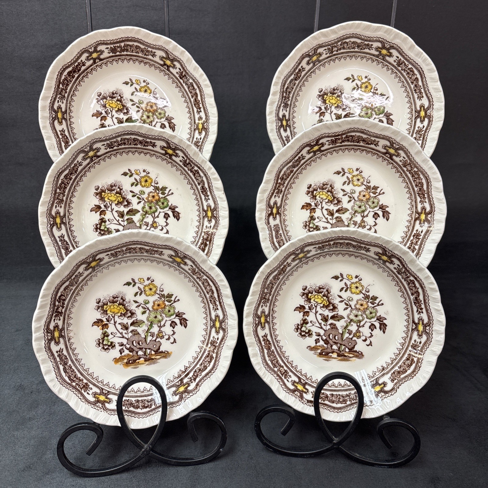6 Masons MANCHU (Brown) Fruit Sauce Bowls 5 1/2 Inches