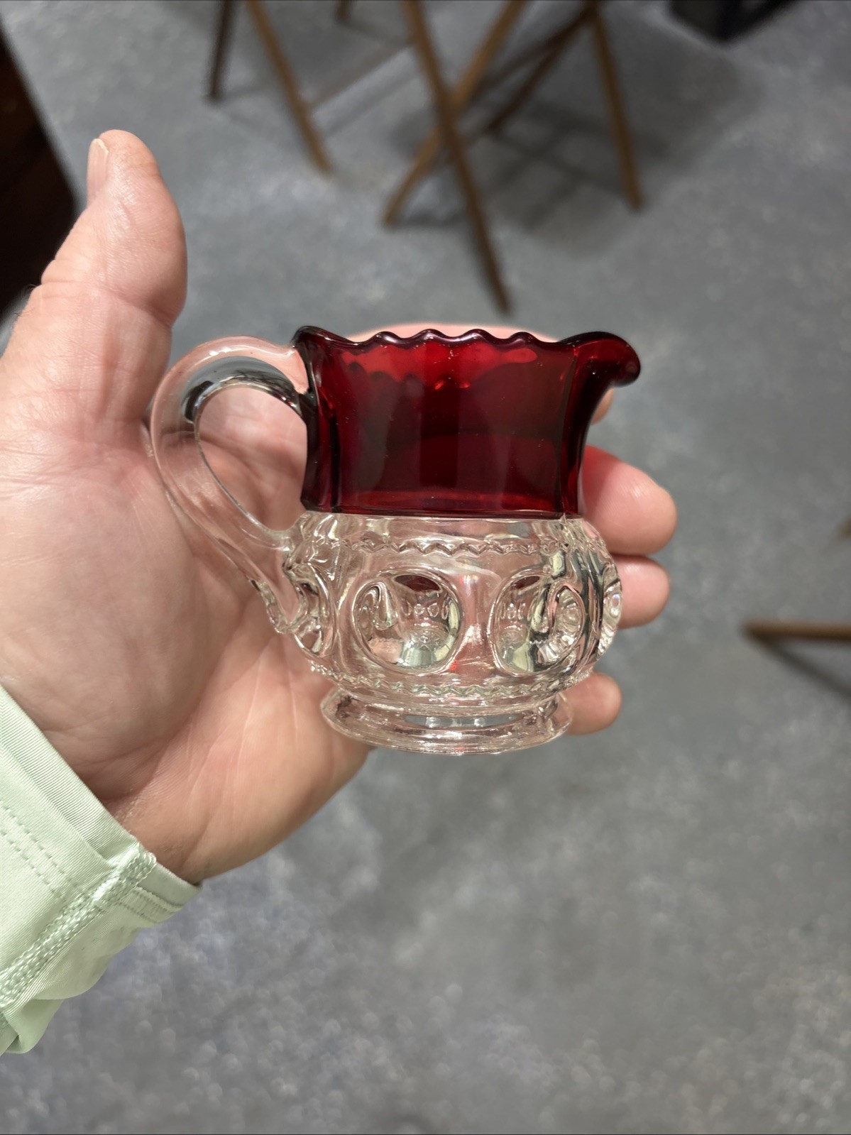King’s Crown Thumbprint Ruby Creamer Glass Saw Tooth Style 3 Inches Tall