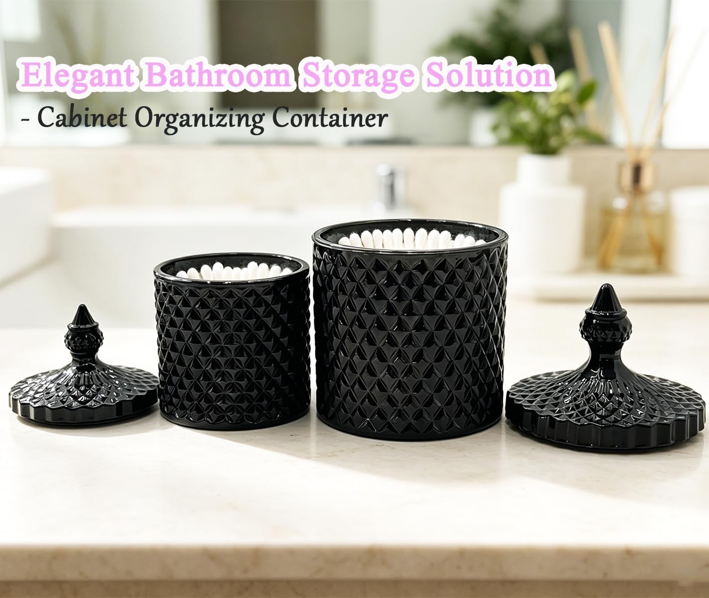 10 oz Black Glass Candy Dish with Lid-Decorative Display Jar for Q-Tip Holder…