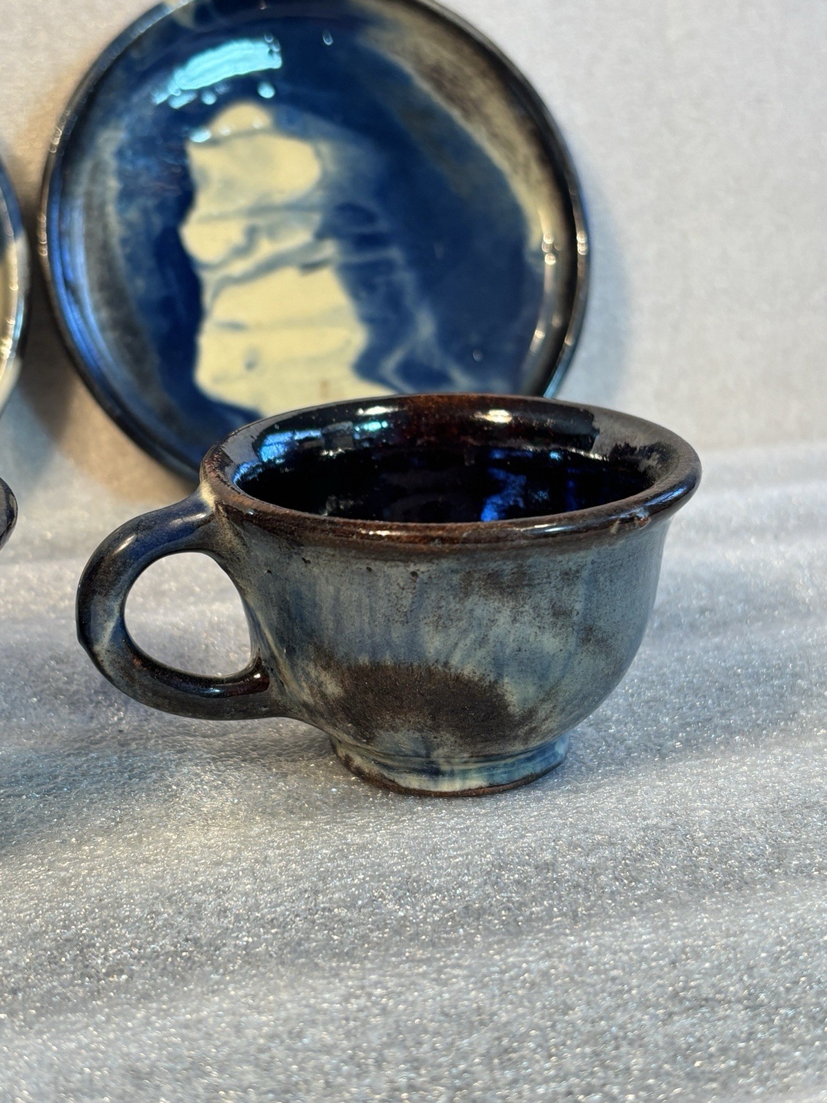 Studio Ceramic Pottery 2 cups & 2 Saucers Hand-Made Brown Blue Yellow