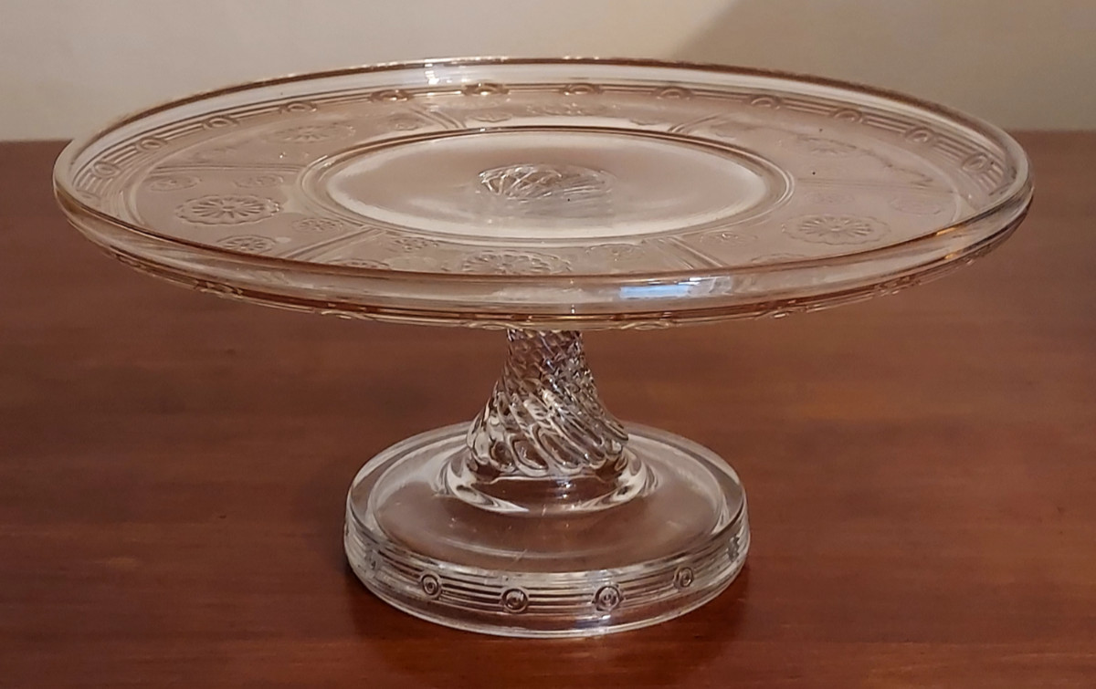 EAPG Bryce Bros MAGIC Rosette Pattern Glass CAKE STAND Swirl Twist Stem Plate