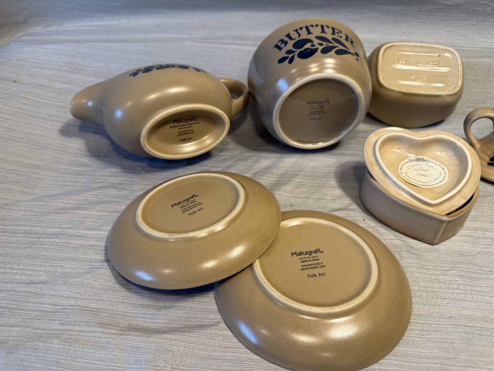 Pfaltzgraff Folk Art Stoneware Lot Gravy Boat Butter Dish Candlesticks 8pc