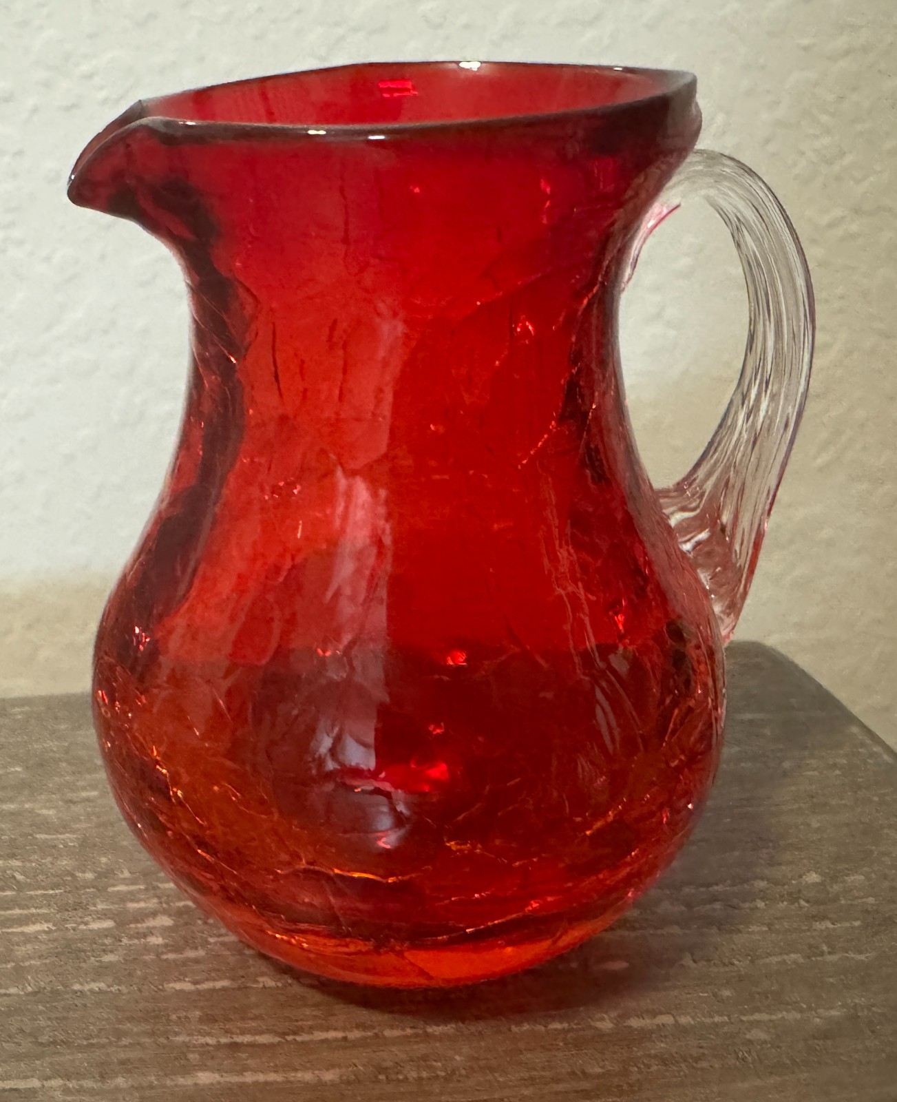 Vintage hand-blown ruby-red crackle glass pitcher 3.5″