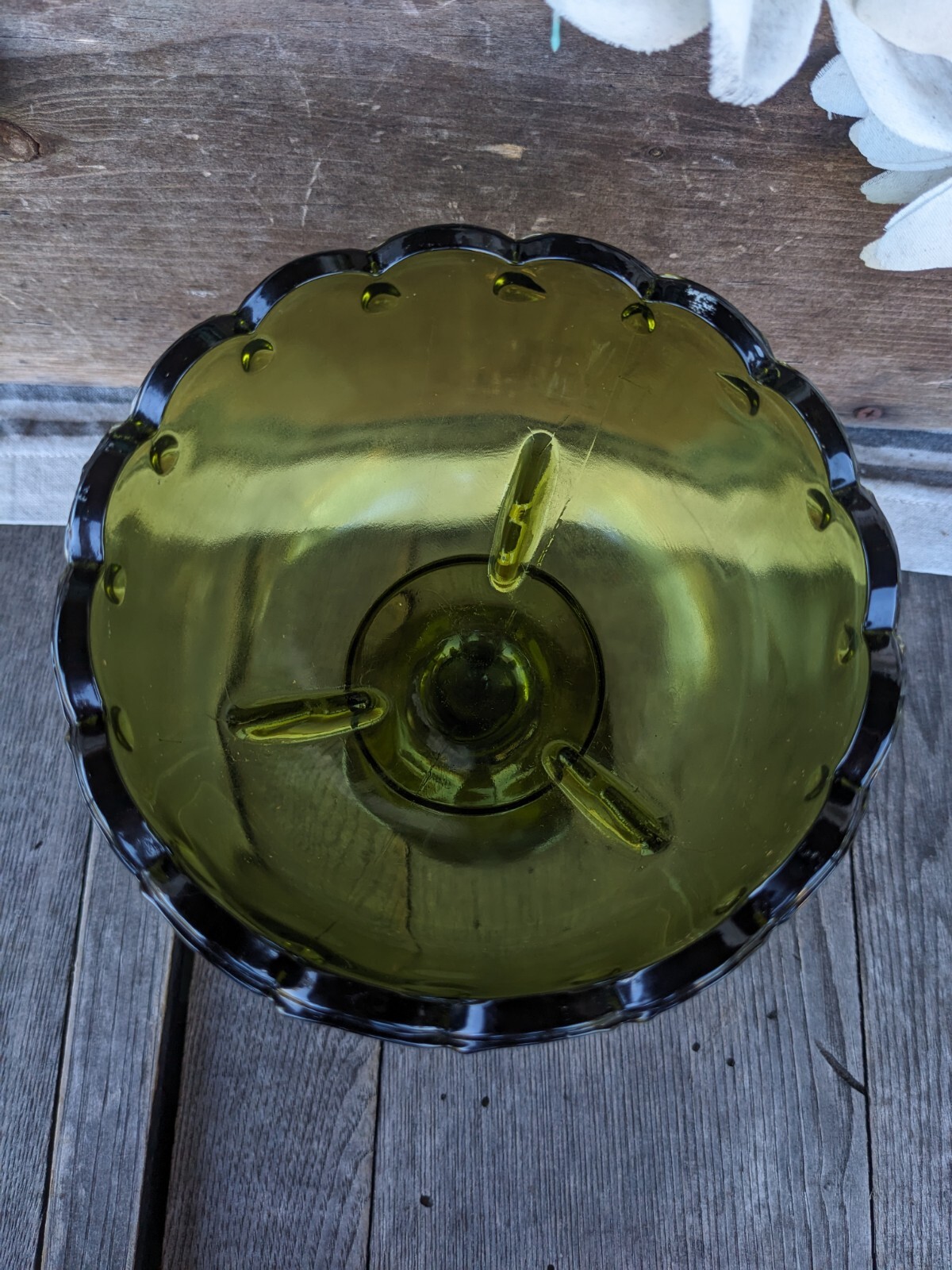 Vintage Indiana Glass Olive Green Teardrop 7.25″ Pedestal Compote