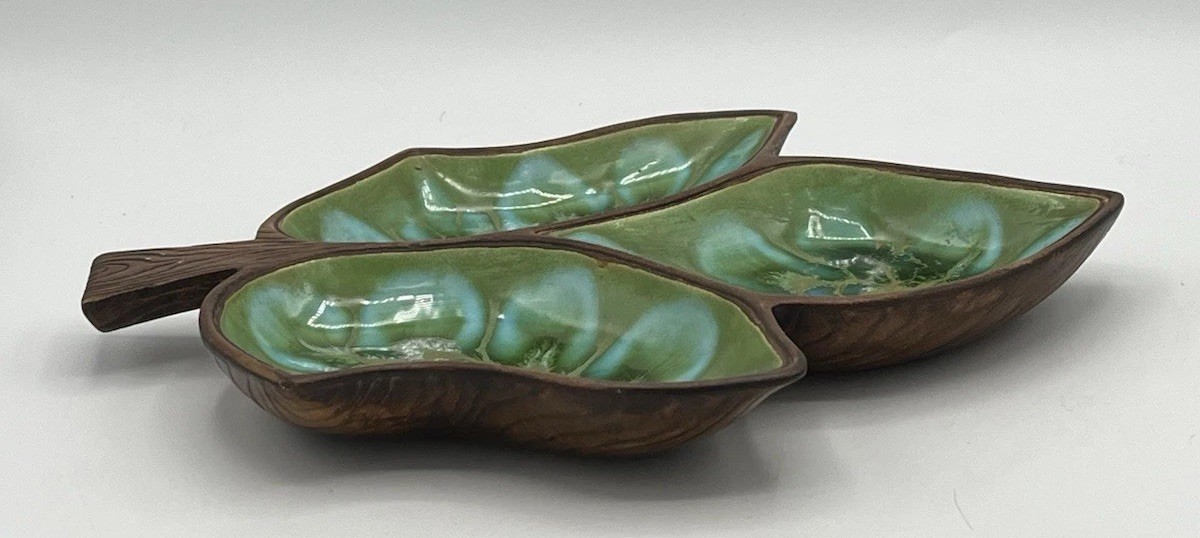 Vtg Treasure Craft Divided Section Leaf Dish Candy Trinket Green Teal Drip Glaze