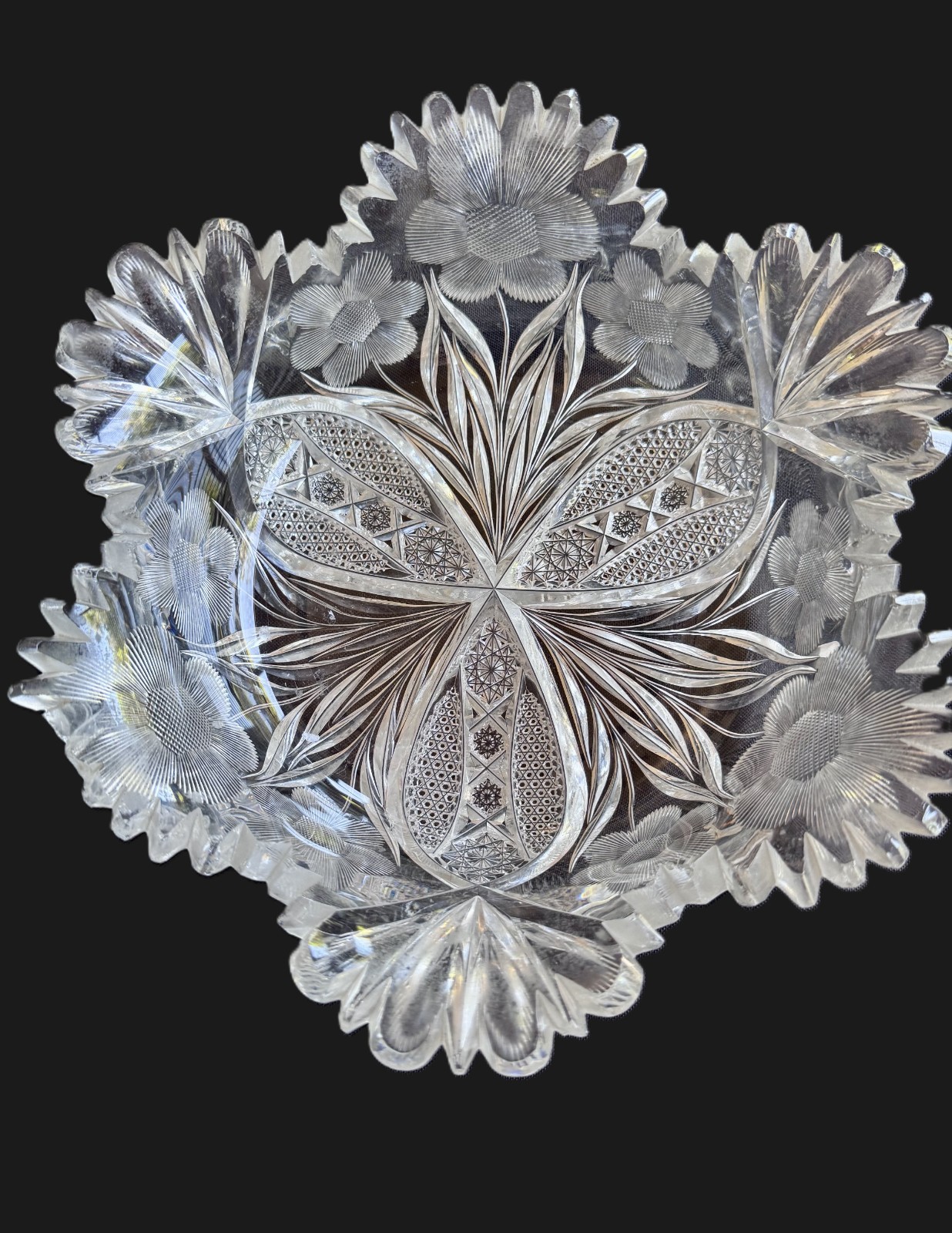 American Brilliant Period ABP Cut Glass Bowl Floral Intaglio Sawtooth 10″