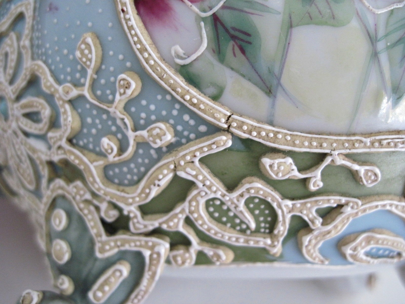 Antique Nippon Moriage Teapot Green Blue With Hand Painted Flowers READ