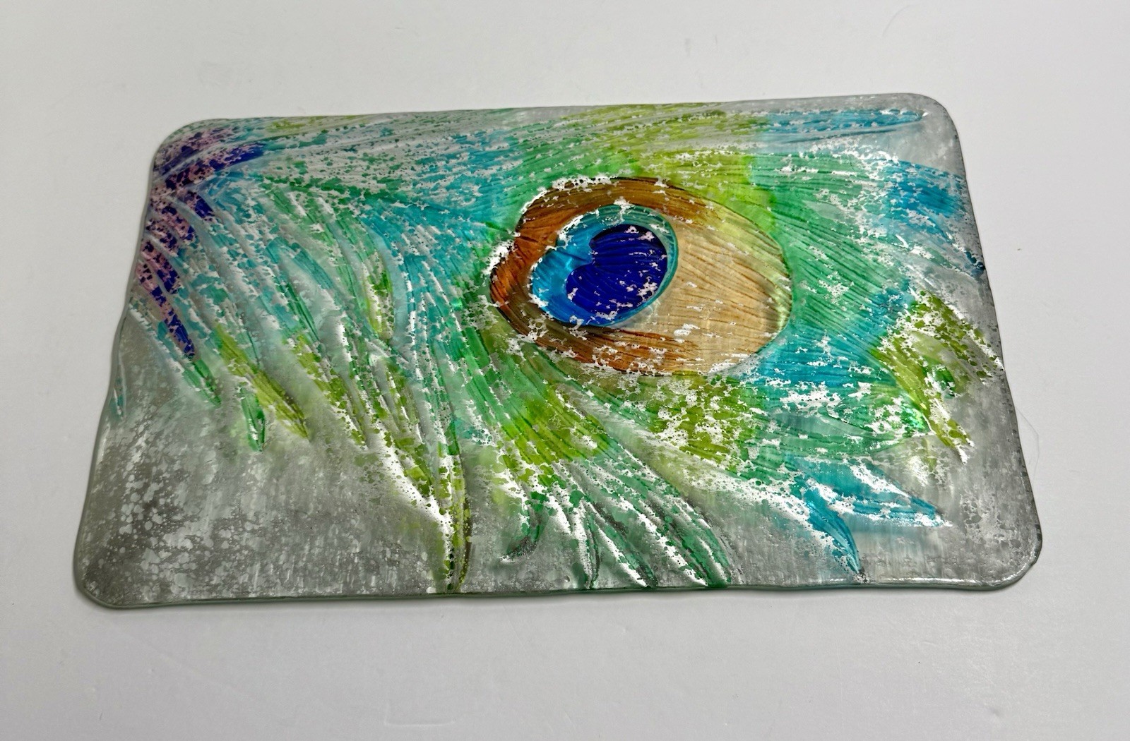 9 X 14” Fused Glass Peacock Feather Decorative Rectangular Platter Tray