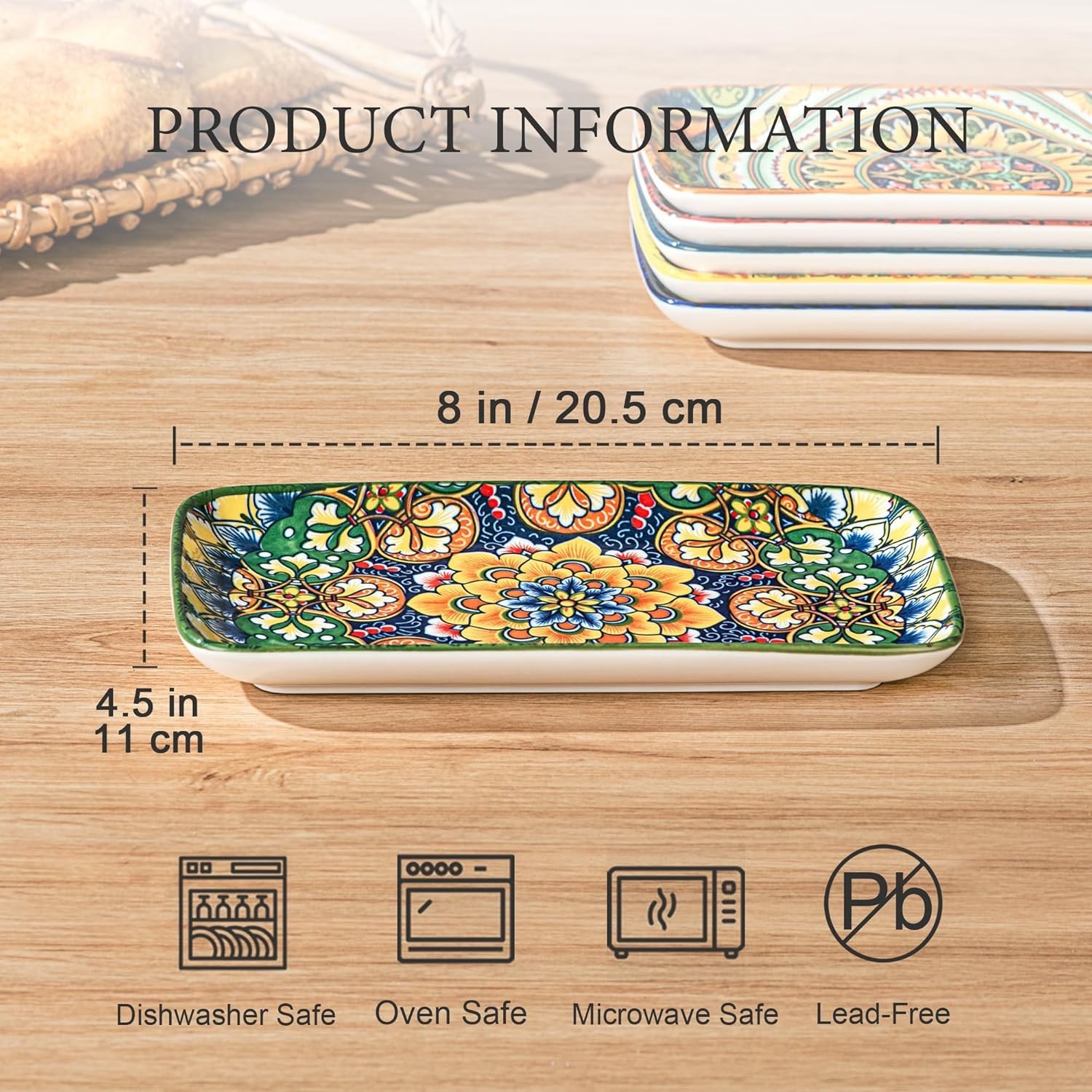 Ceramic 8 Inch Salad Plates, Rectangular Salad Plate Set of 6, Bohemian Servi…