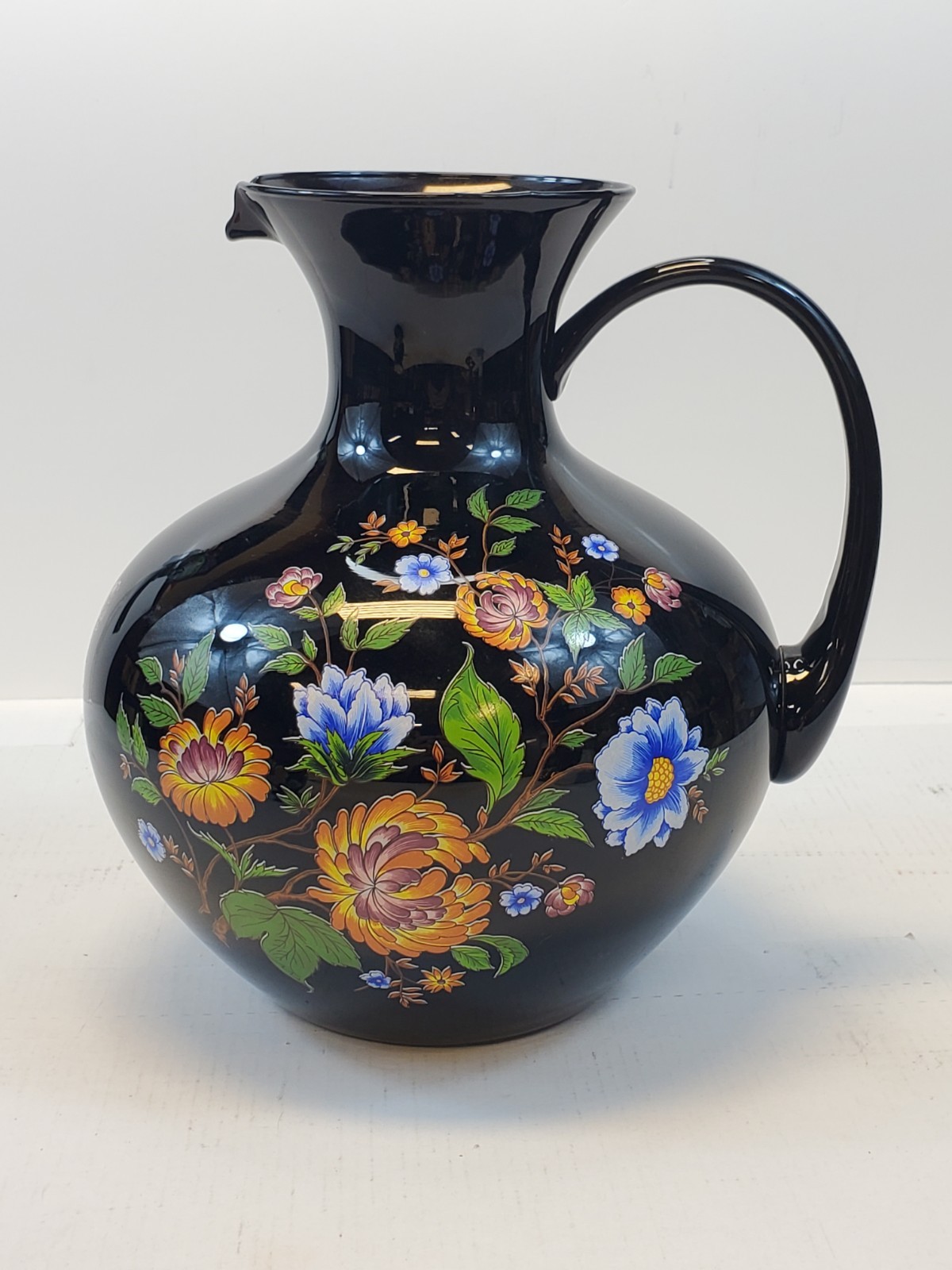 Italian Pitcher Home Decor 9.5” Tall Vintage Black Floral By Ardalt