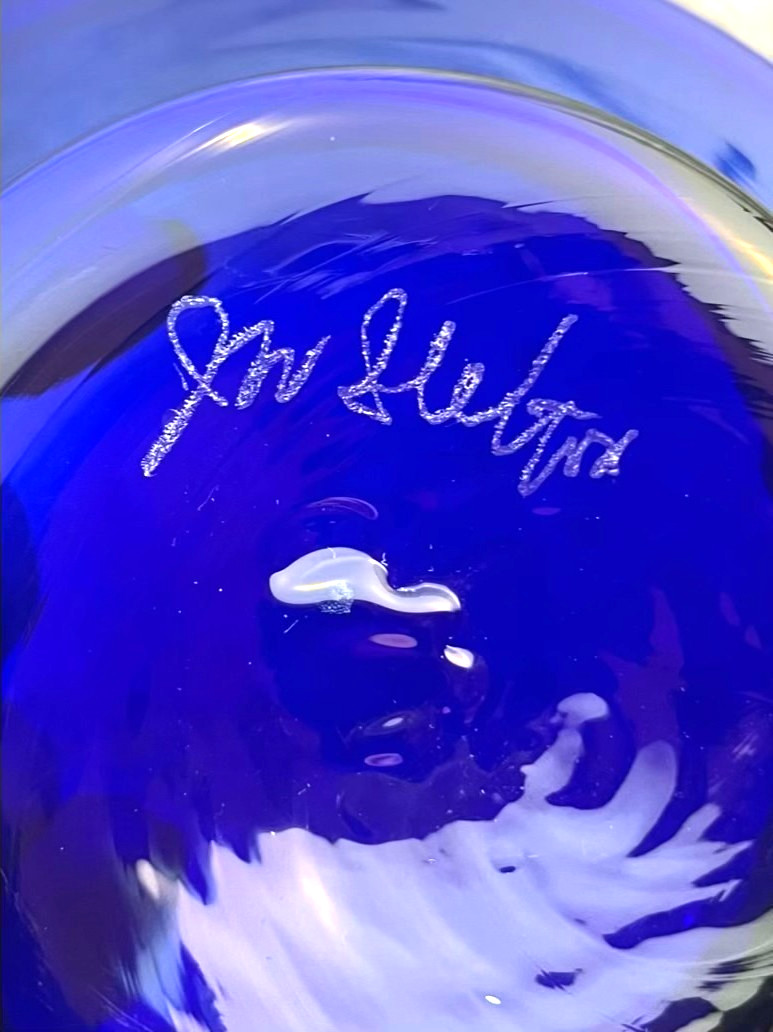 JW Shelton Cobalt Blue Glass Footed Candy Dish Bowl Asymmetrical Signed 5.5×2″