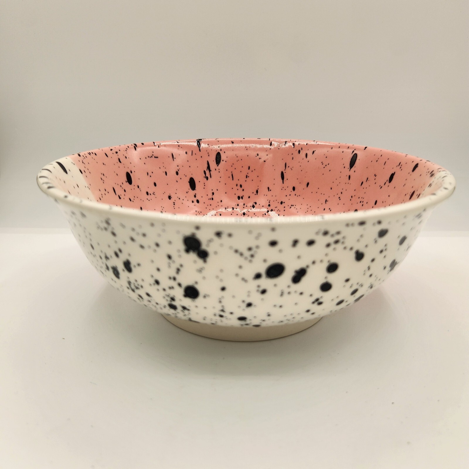 VTG Pottery Bowl Light Pink Off White Black Splatter Trinkets Noodle Fruit 8in