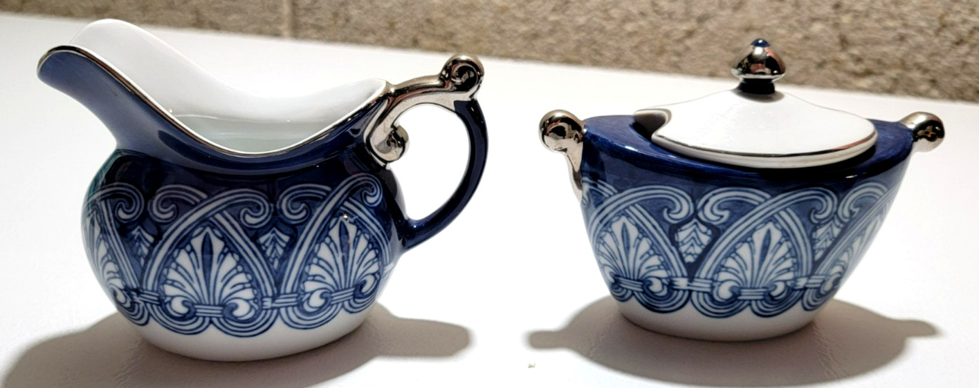 Bombay Blue White China Sugar and Creamer Platinum Trim Lid with Sugar Bowl