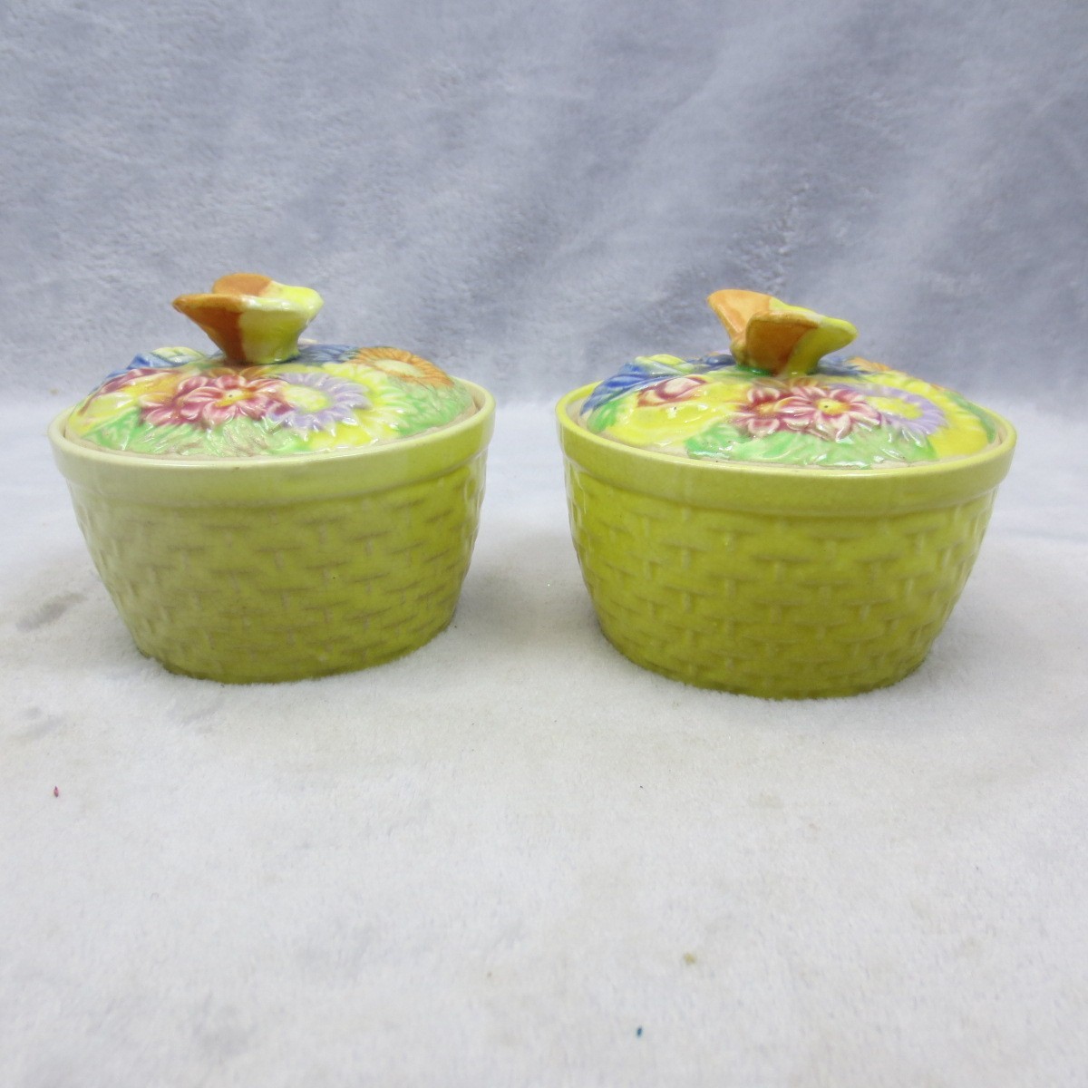 Pair Butterfly Flowers Covered Candy Trinket Dish Japan Majolica Hand Painted