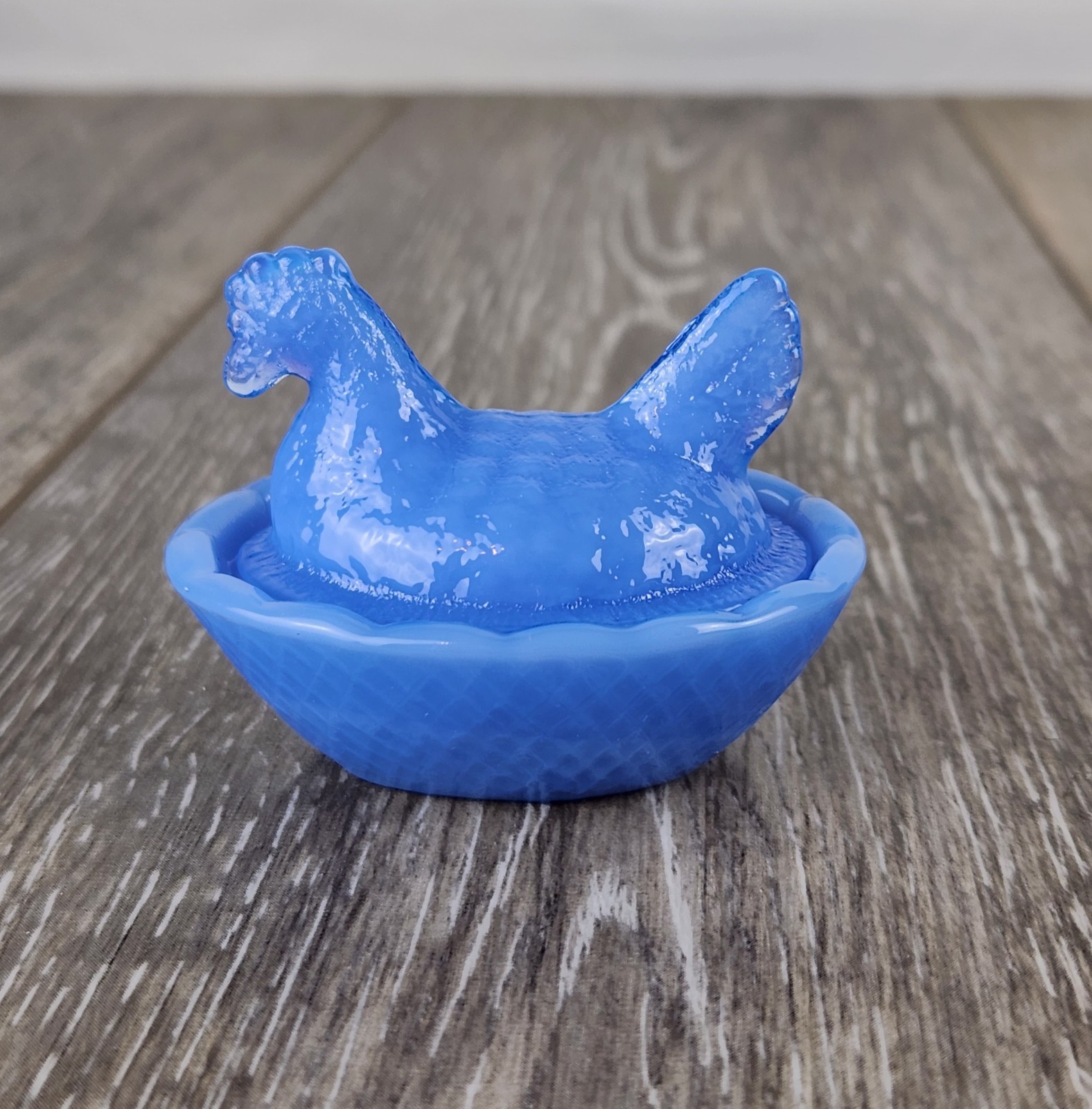 Delphite Blue Glass Mini Hen on Nest Covered Salt Cellar 2.5″
