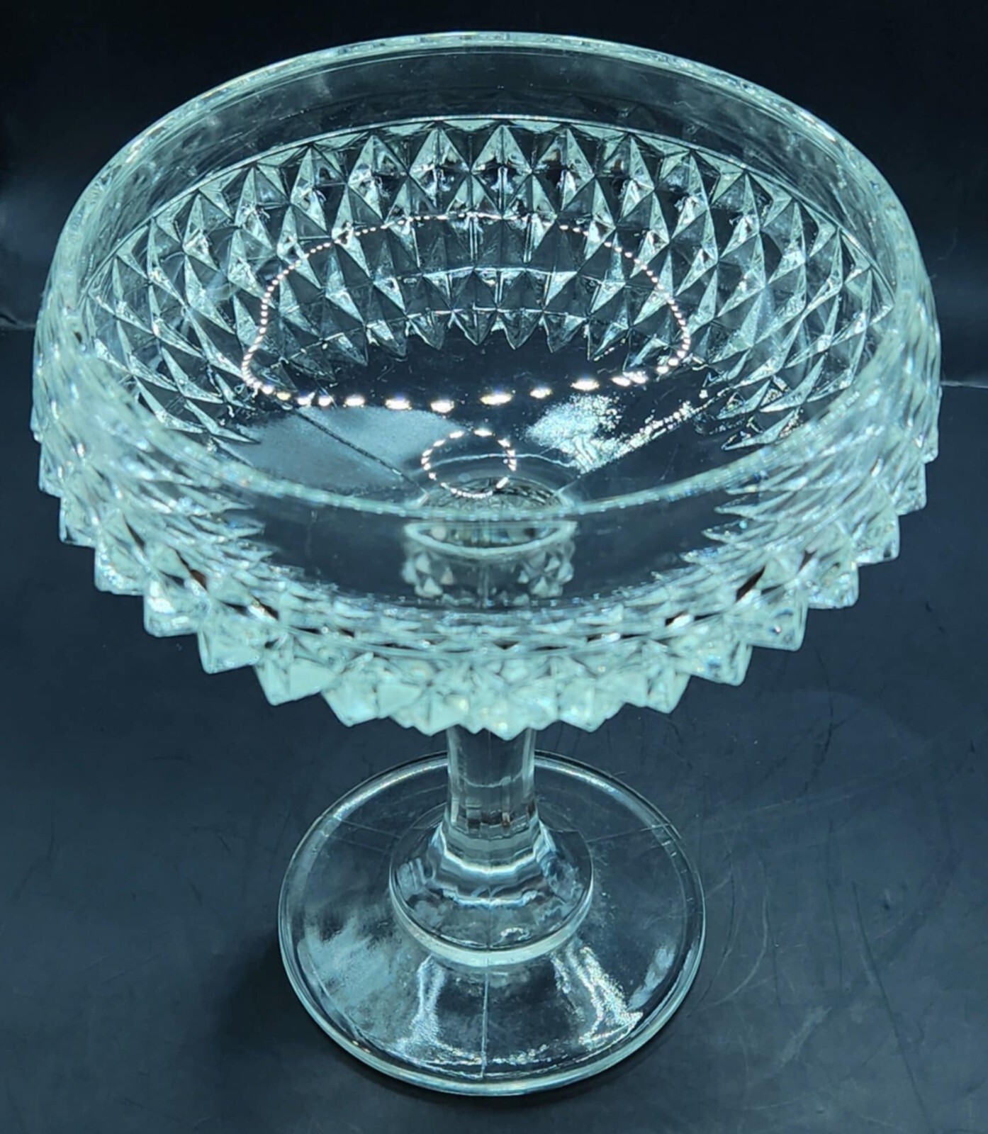 Vintage Indiana Glass Co. Large Candy Dish On Pedestal Diamond Pattern, 7 3/4 In